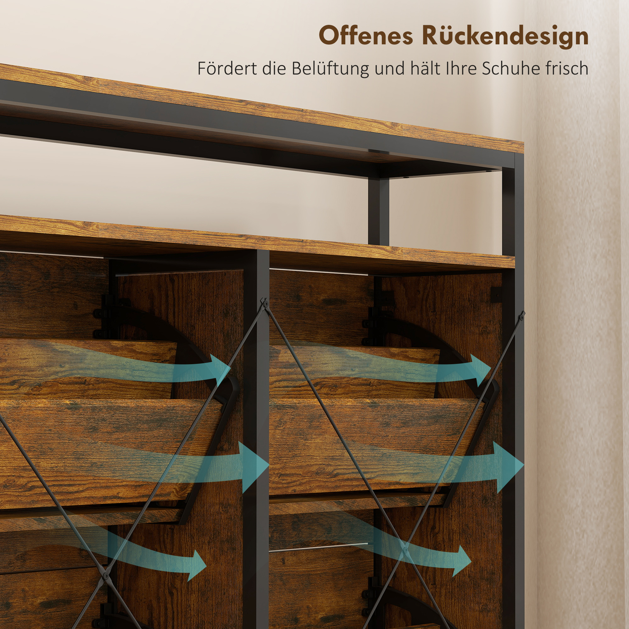 Schuhschrank mit 4 klappbaren Schubladen, schmales Design, offenes Regal, für 12-20 Paar Schuhe, Stahl, Braun