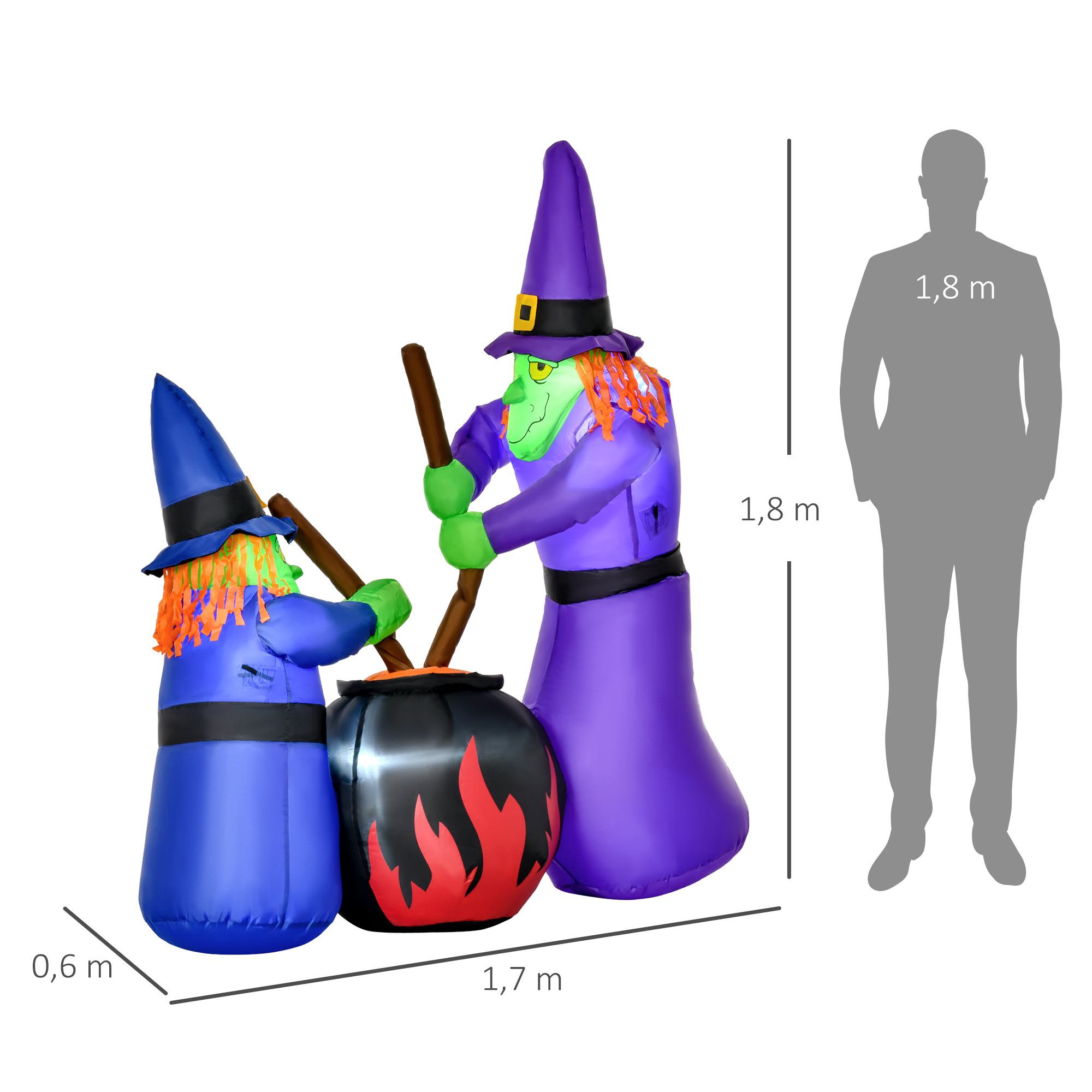 Aufblasbare Hexen Hexenkessel Figur Luftfigur Halloween Deko mit LED Beleuchtung, Polyester, 170x60x180cm