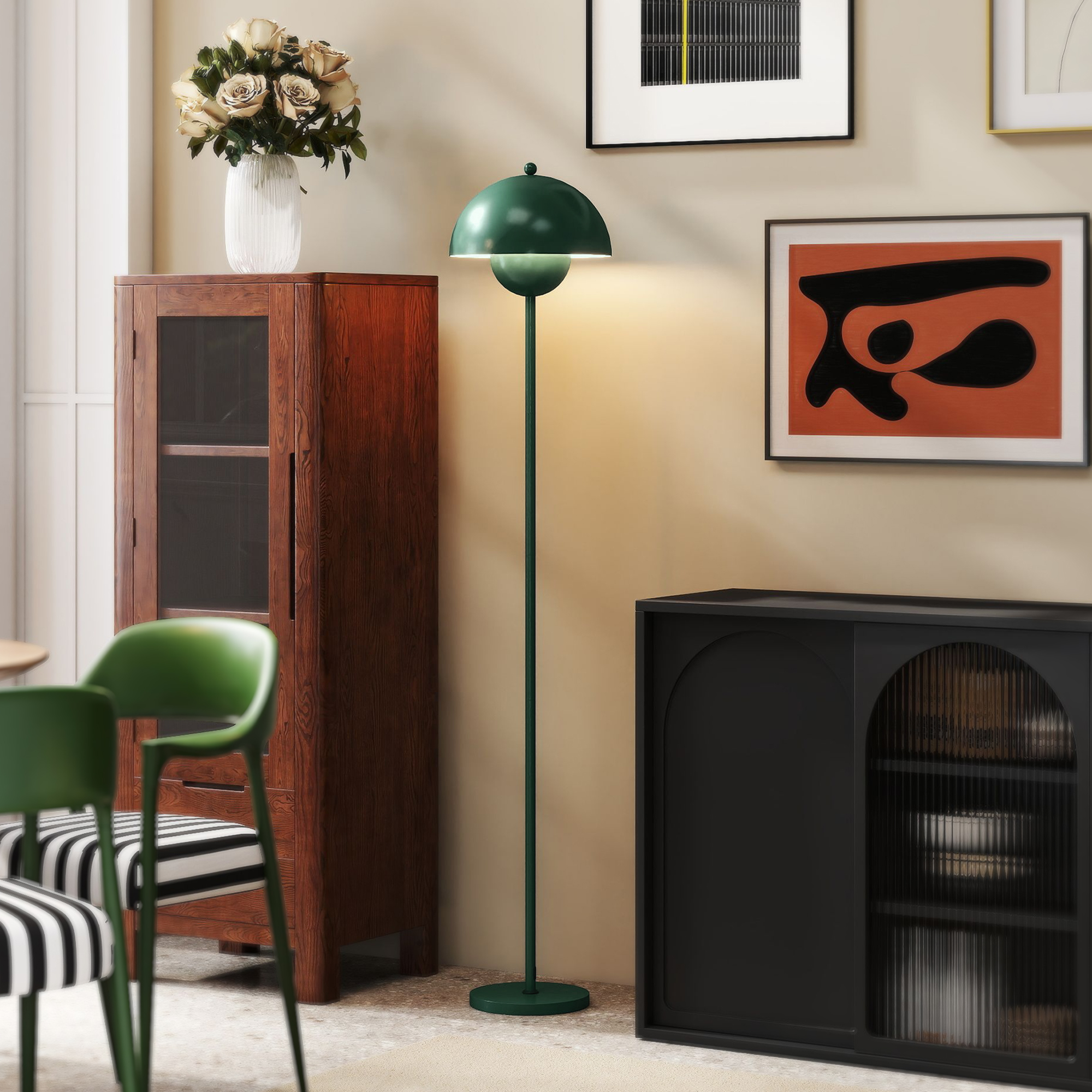 Stehlampe, runder Schirm, Fußschalter, langes Kabel, eleganter Look, Stahl, Grün