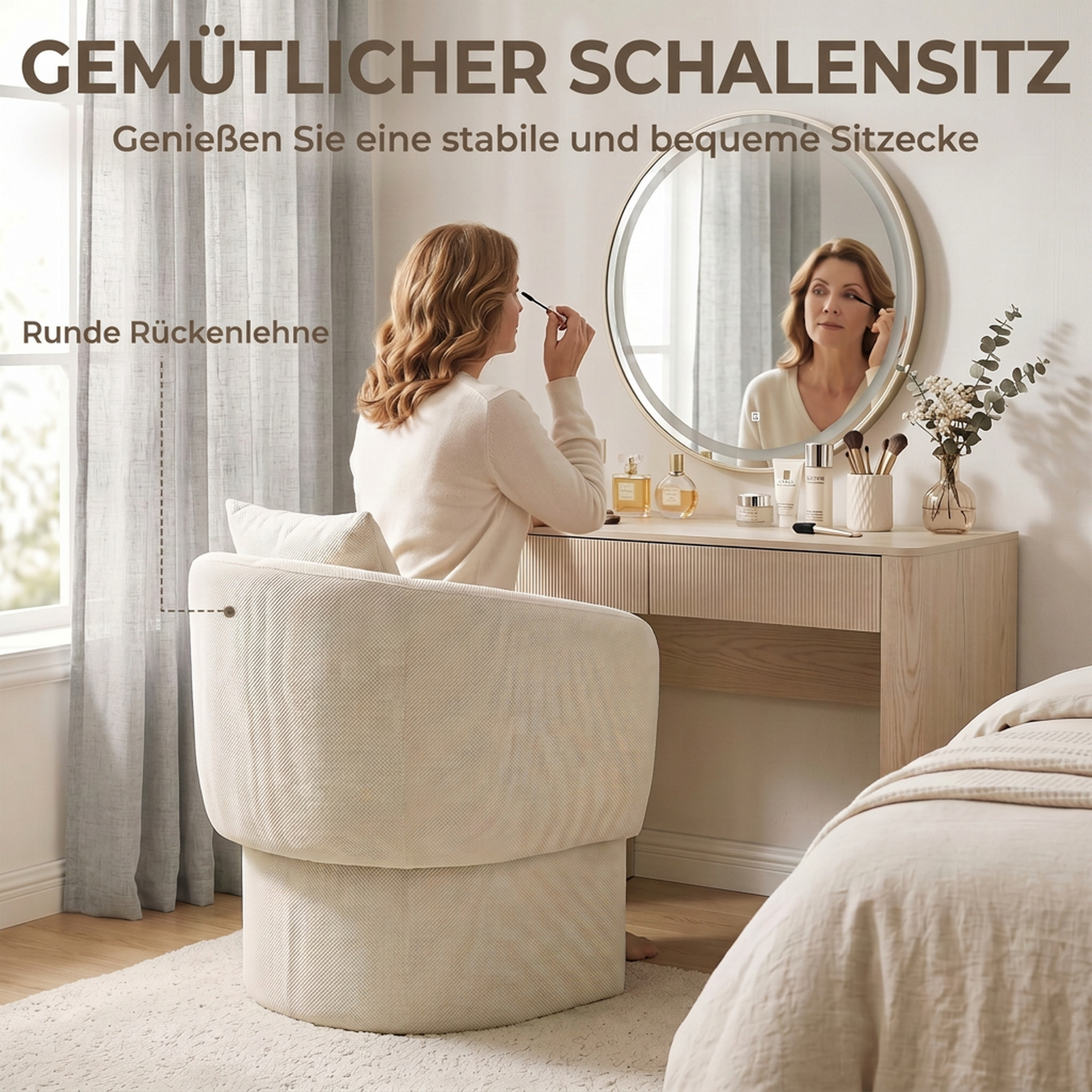 Relaxsessel mit Hocker Loungesessel mit Geschwungene Rückenlehne, Armlehnen, Nordischer Chenille Gepolstert Beige