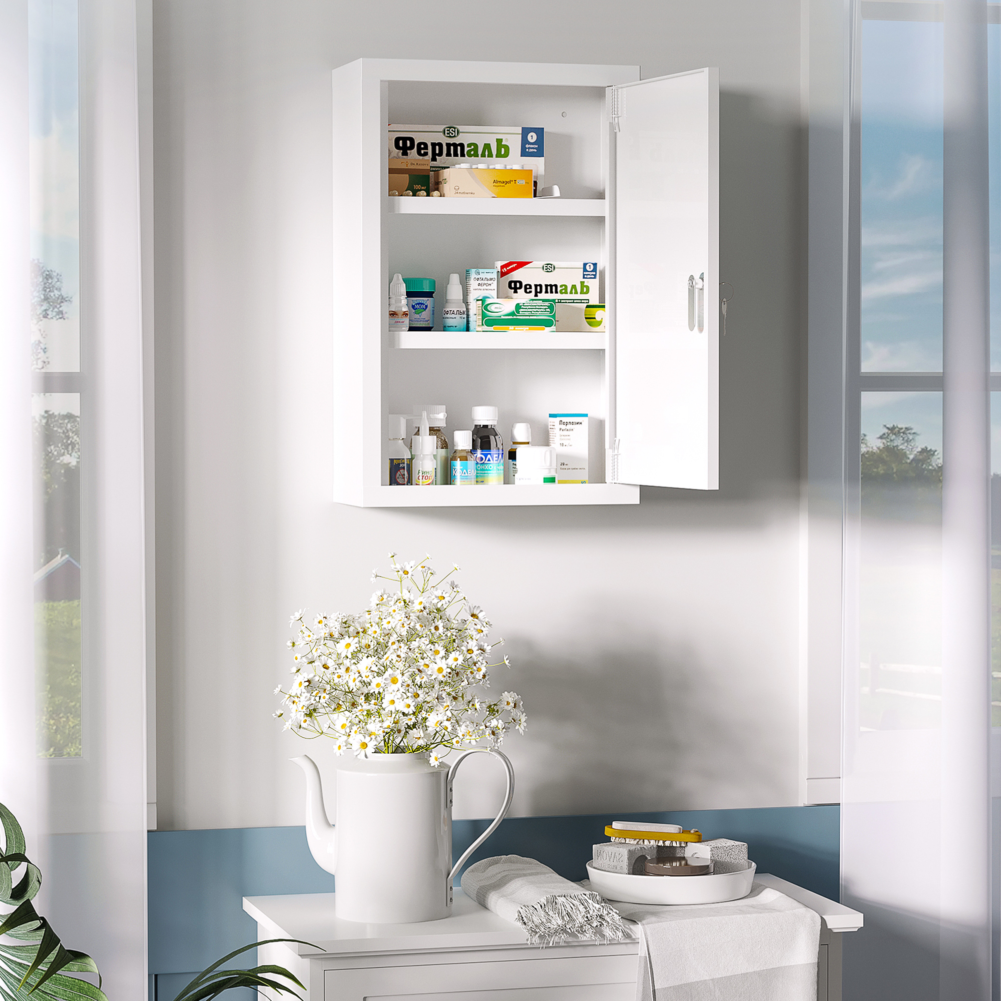 Medizinschrank, abschließbar, Einlegeböden, Stahlgehäuse, 30x14x46 cm, Weiß