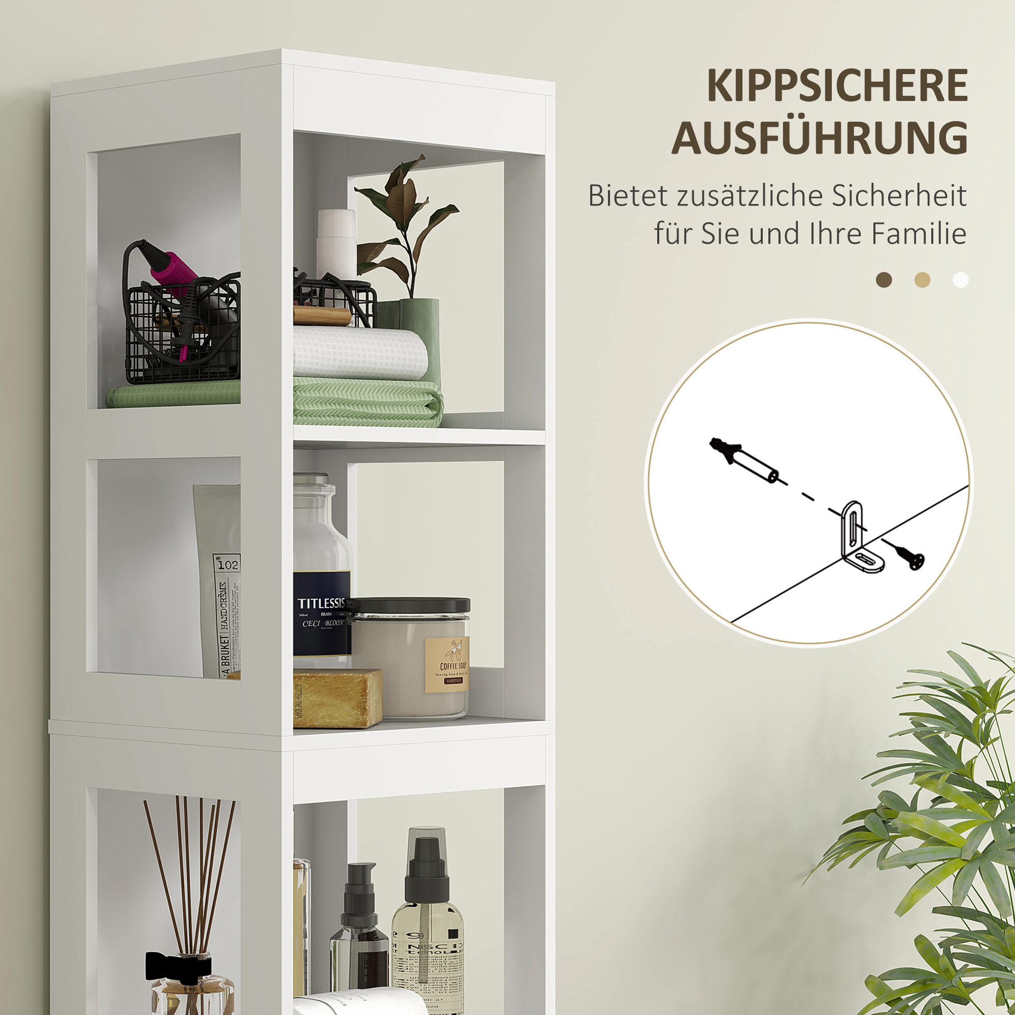 Badezimmerschrank, Kompaktes Badezimmerregal mit 2 Schubladen und 3 offenen Fächern, Freistehendes Badregal, MDF, Weiß