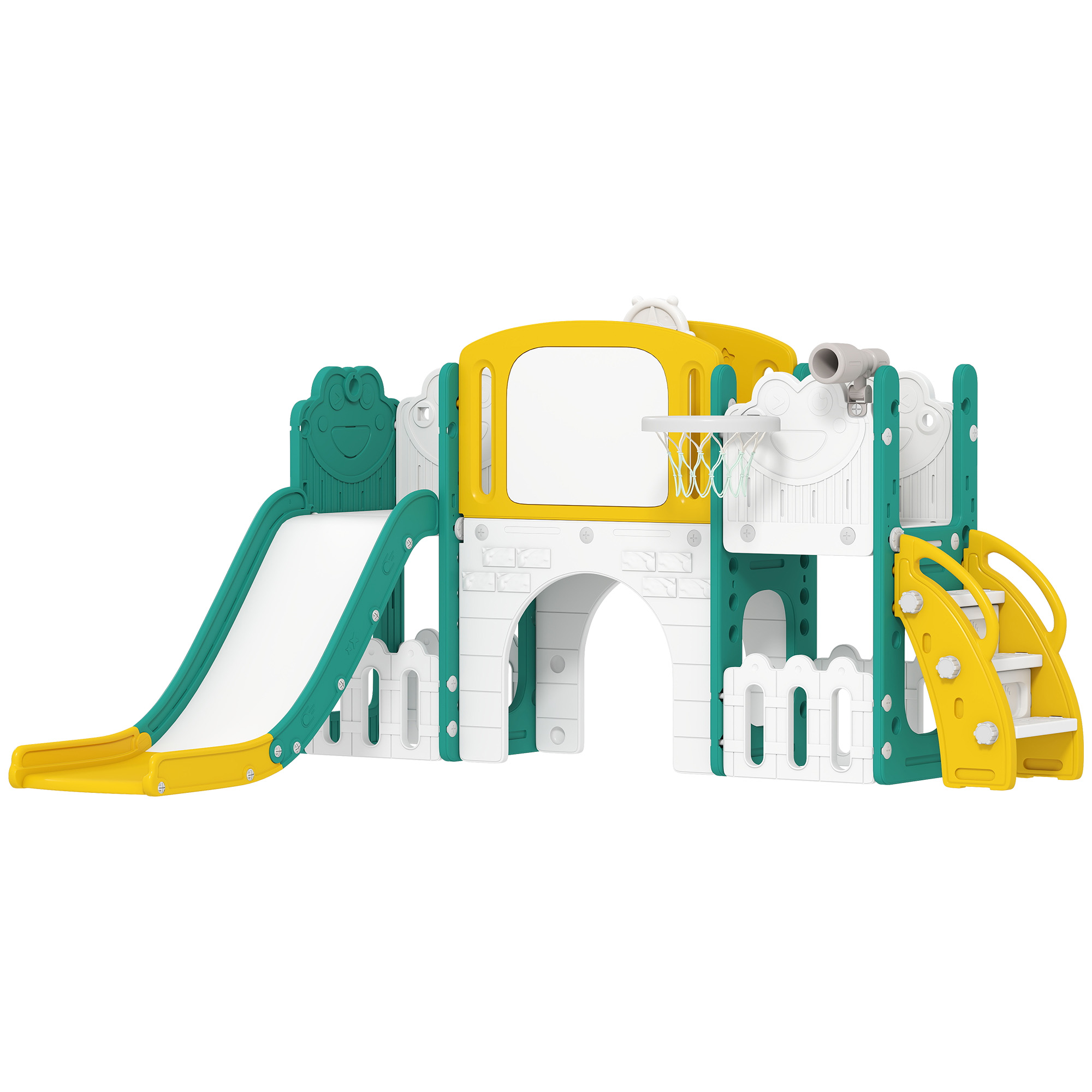 7-in-1 Rutschenset für Kleinkinder, Basketballkorb, Froschdesign, Klettergerüst, Schaukelsitz, für drinnen und draußen, Gelb+Grün