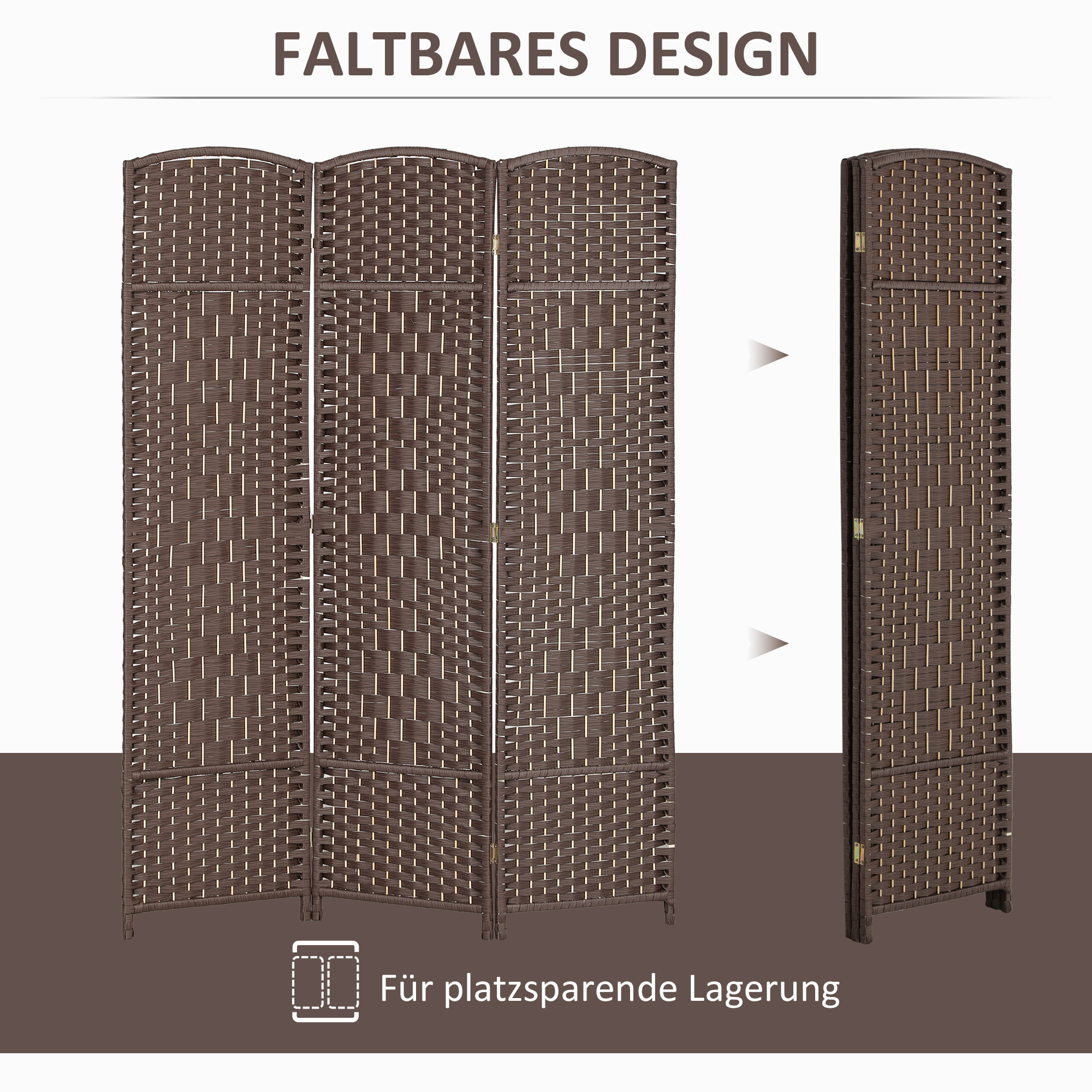 Raumteiler, 3-teilig faltbare Trennwand, Geflechtmuster, Kiefernholz, Braun
