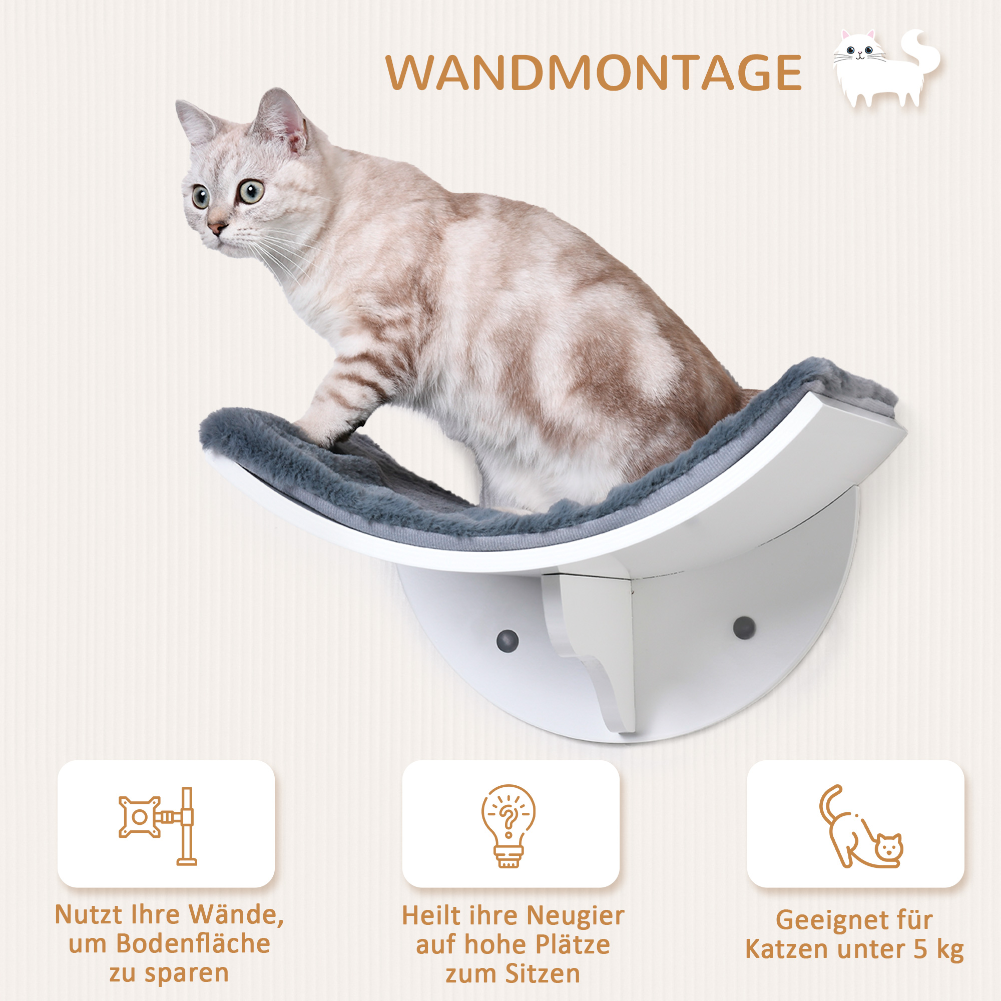 Katzenliege Katzen Wandliege Katzenbett Katzenregal Wandmontage Plüschauflage Grau 41 x 28 x 21 cm
