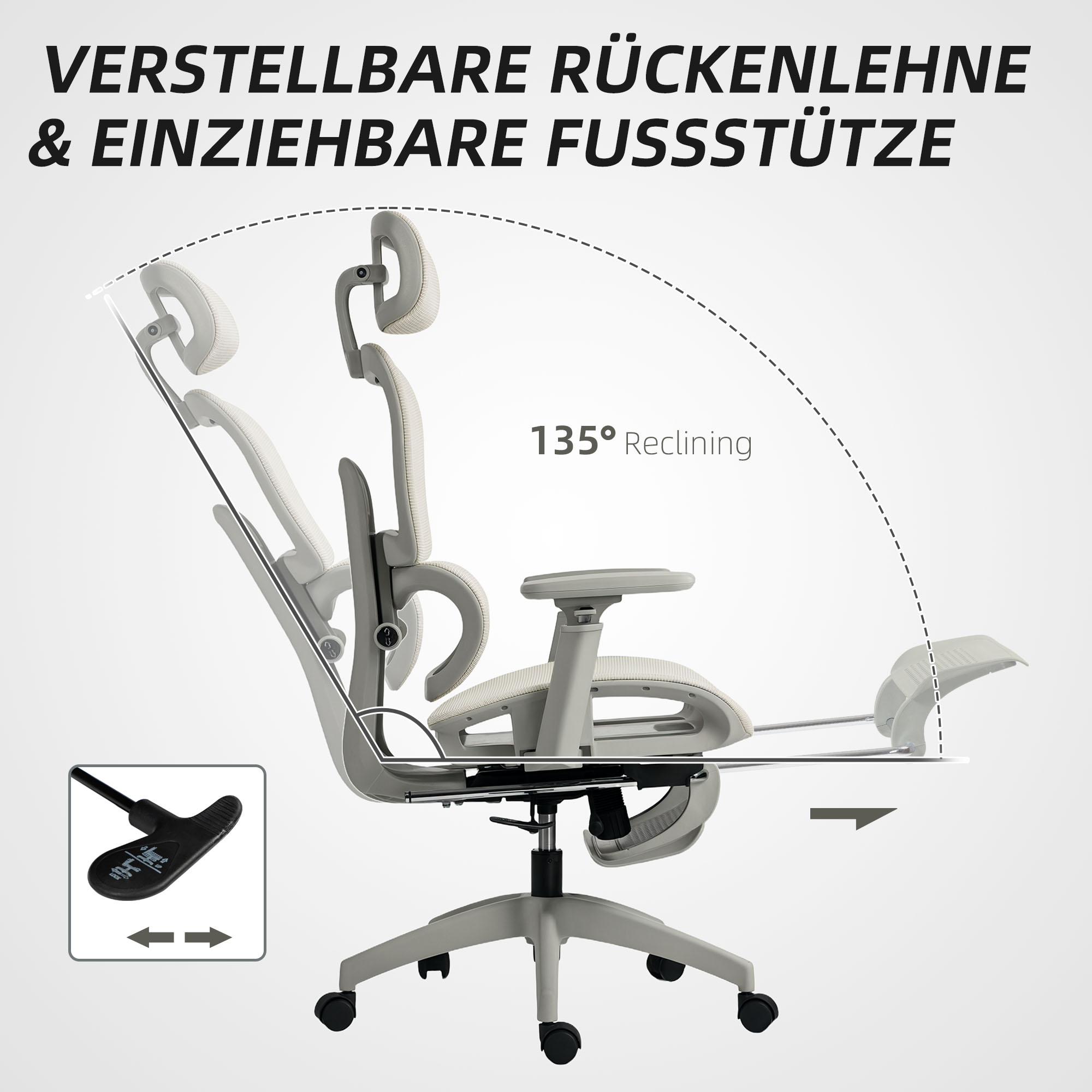Bürostuhl, Ergonomischer Schreibtischstuhl mit Netzstoffbezug, verstellbar, rollbar, mit Armlehnen, Kopfstütze, Beige