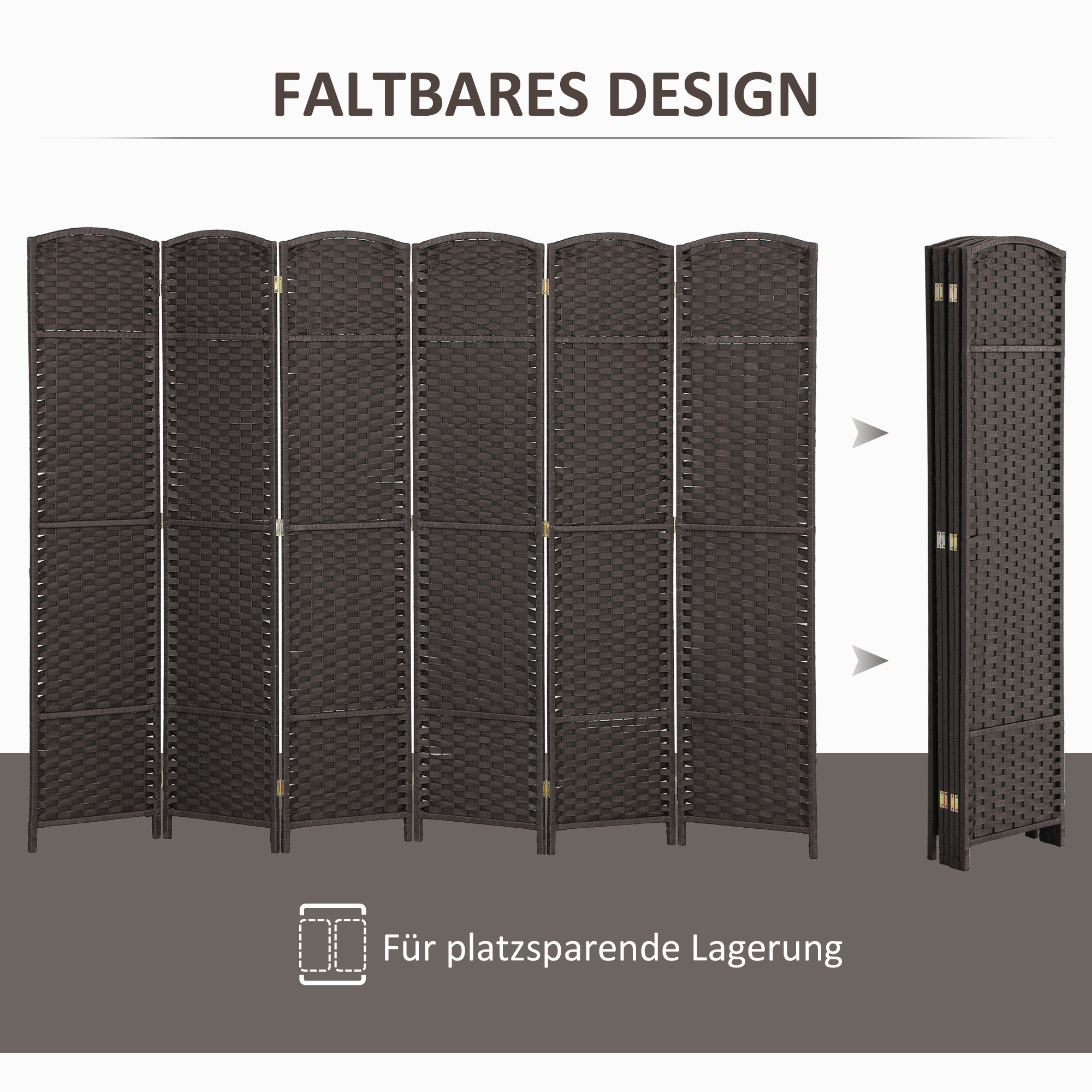 6-teiliger Raumtrenner, Faltbarer Sichtschutz, Sichtschutzwand für Wohnzimmer, Schlafzimmer, Homeoffice, Braun