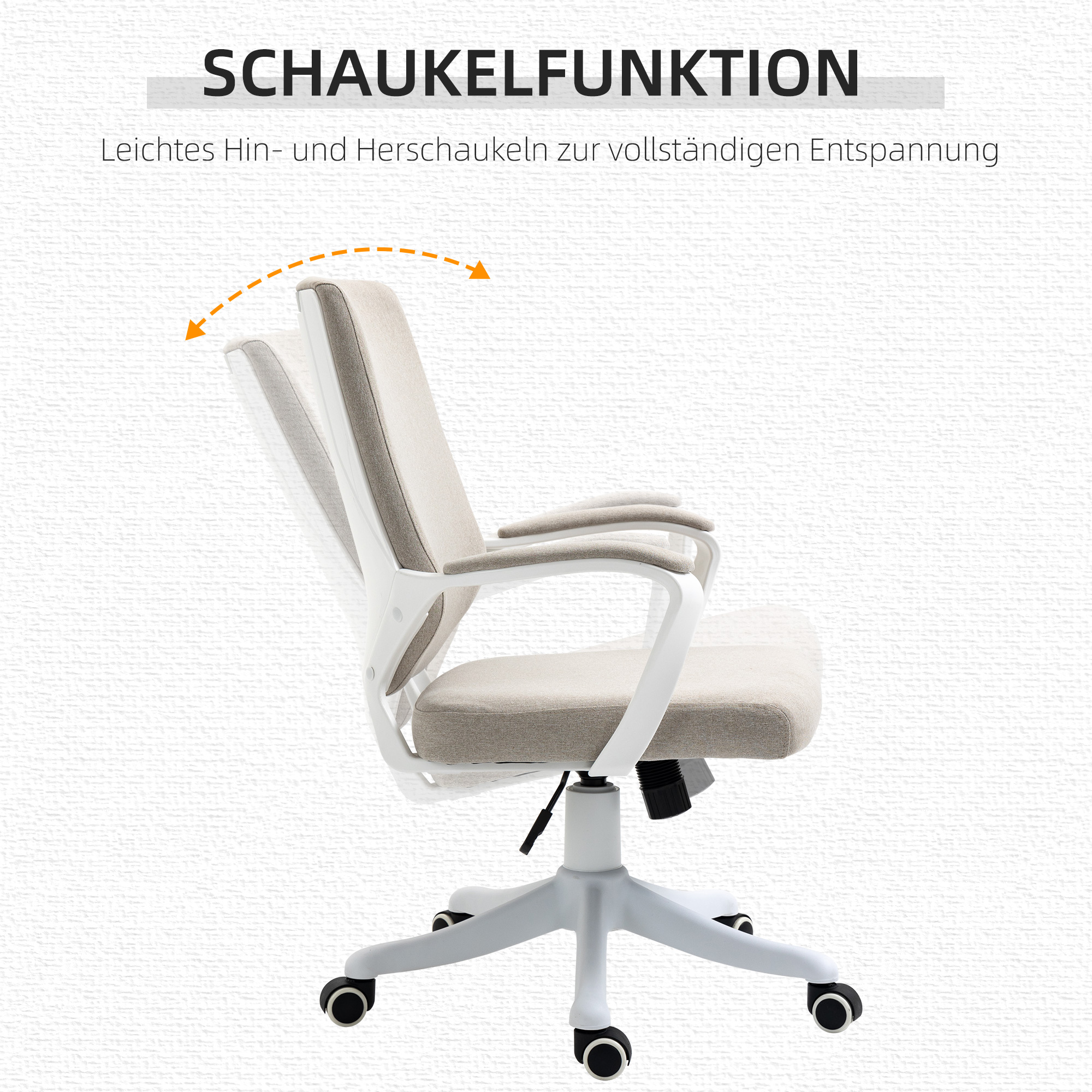 Bürostuhl Schreibtischstuhl Home-Office-Stuhl mit Wippenfunktion Rückenlehne höhenverstellbarer dick gepolstert ergonomisch 360°-Drehräder Polyester Nylon PP Beige+Weiß 62x69x92-100 cm