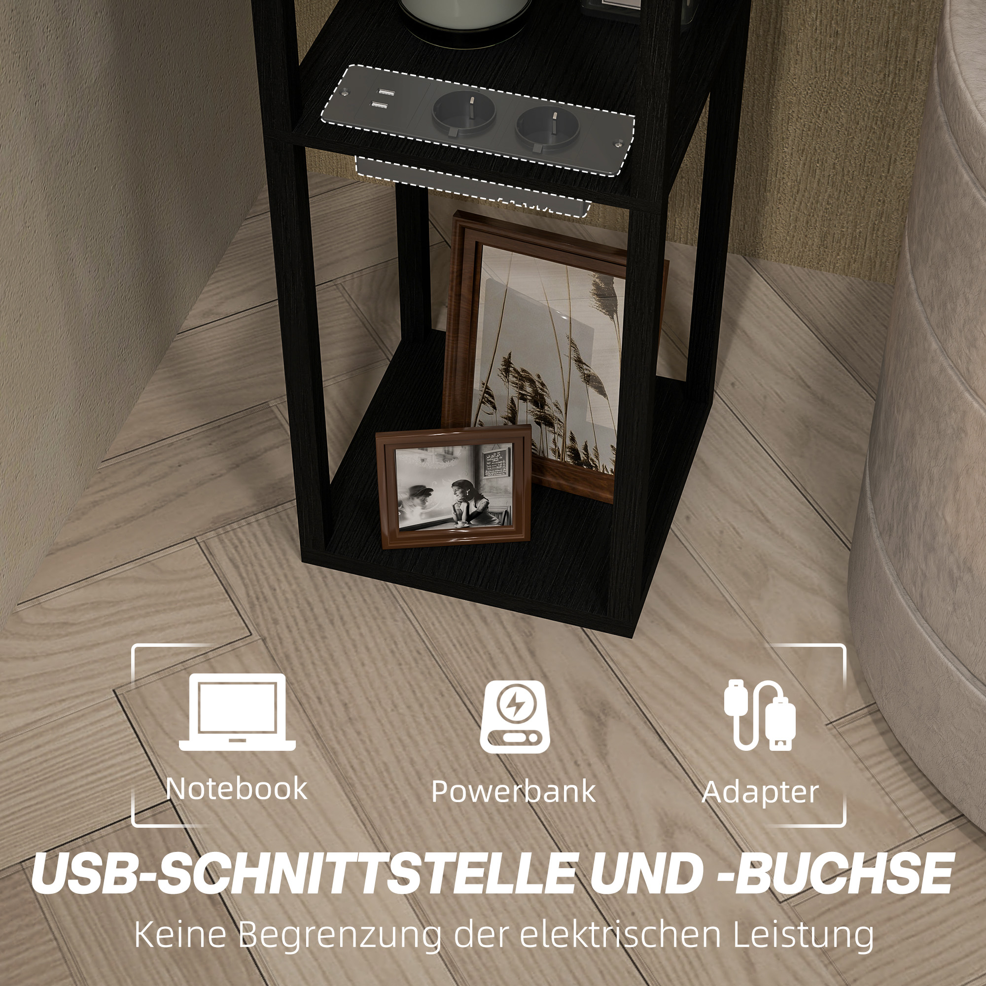Stehlampe mit 3-stufigem Regal, Fußschalter, USB-Anschlüssen, MDF, Schwarz