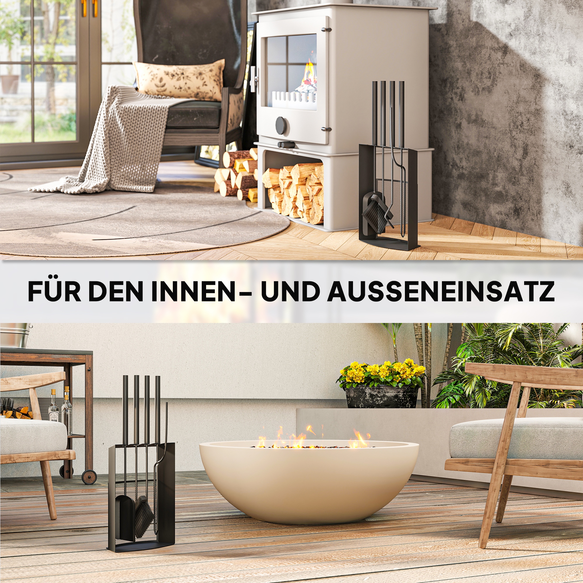 Kaminbesteck Set 5teilig Kaminzubehör mit Besen, Schaufel, Schürhaken Zange Ständer Metall, Schwarz