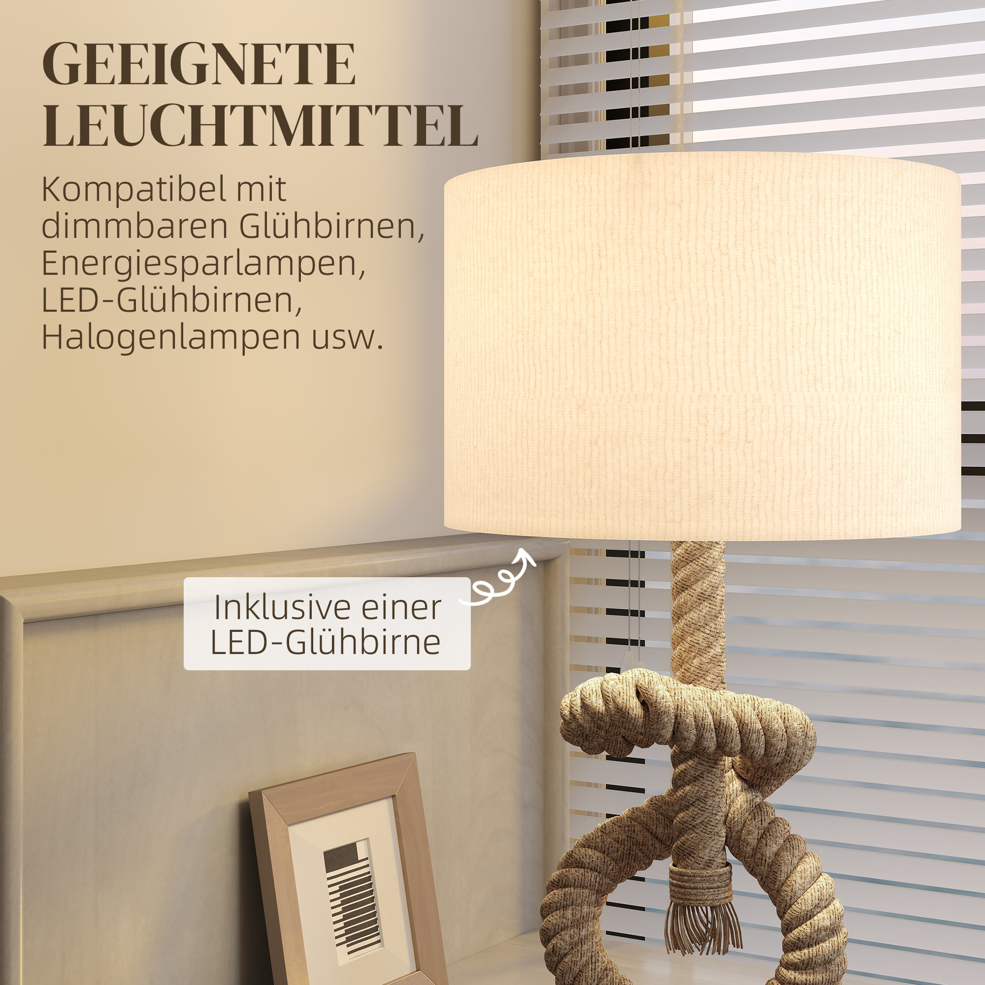 Tischleuchte im maritimen Stil, USB-Ladeanschluss, warm, Seil-Dekor, 30x30x55 cm