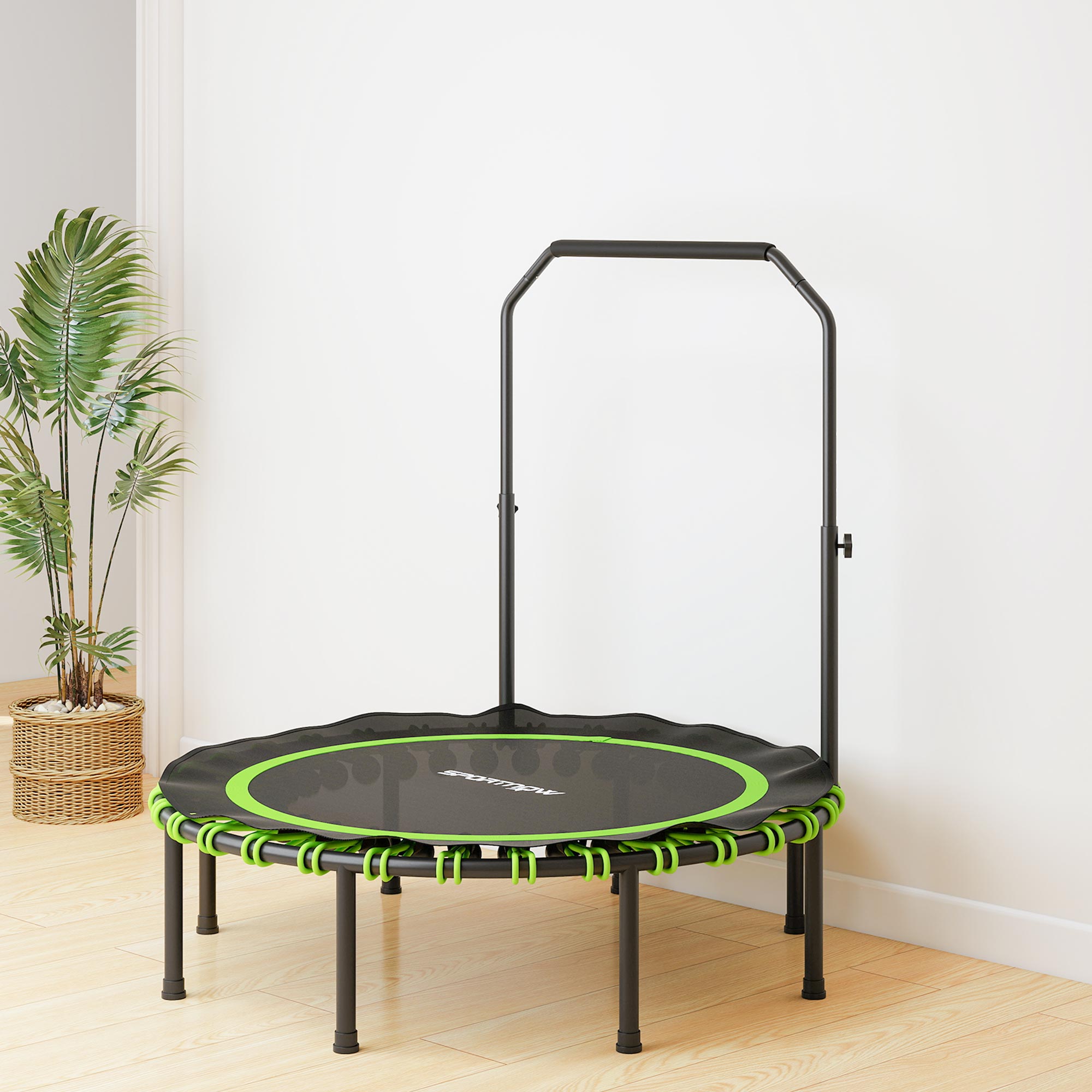 Fitness-Trampolin mit verstellbarem Handlauf, Sport-Trampolin für drinnen und draußen, Stahl, Kunststoff, Grün