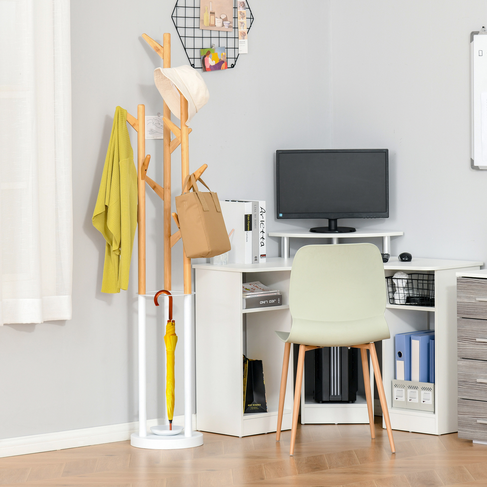 Garderobenständer, Kleiderständer mit 12 Haken und Schirmständer, Garderobe in Baumform, moderner Jackenständer für Kleidung, Hut, Tasche, für Wohnzimmer, Schlafzimmer, Bambus, Natur+Weiß