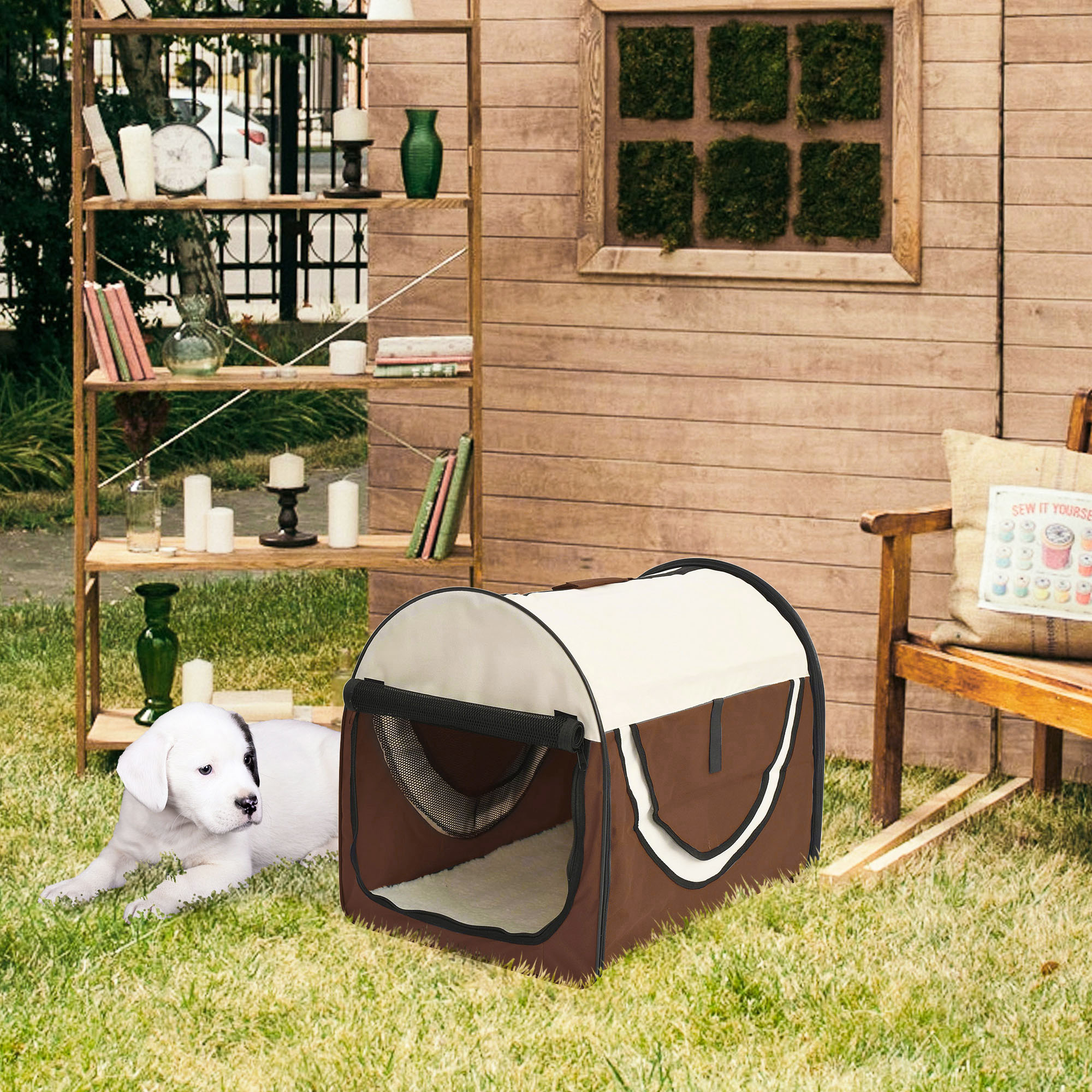Hundebox faltbare Hundetransportbox Haustierrucksack mit Kissen Reisetasche Transportbox für Tier wasserdicht Oxfordstoff Kaffee 61 x 46 x 51 cm