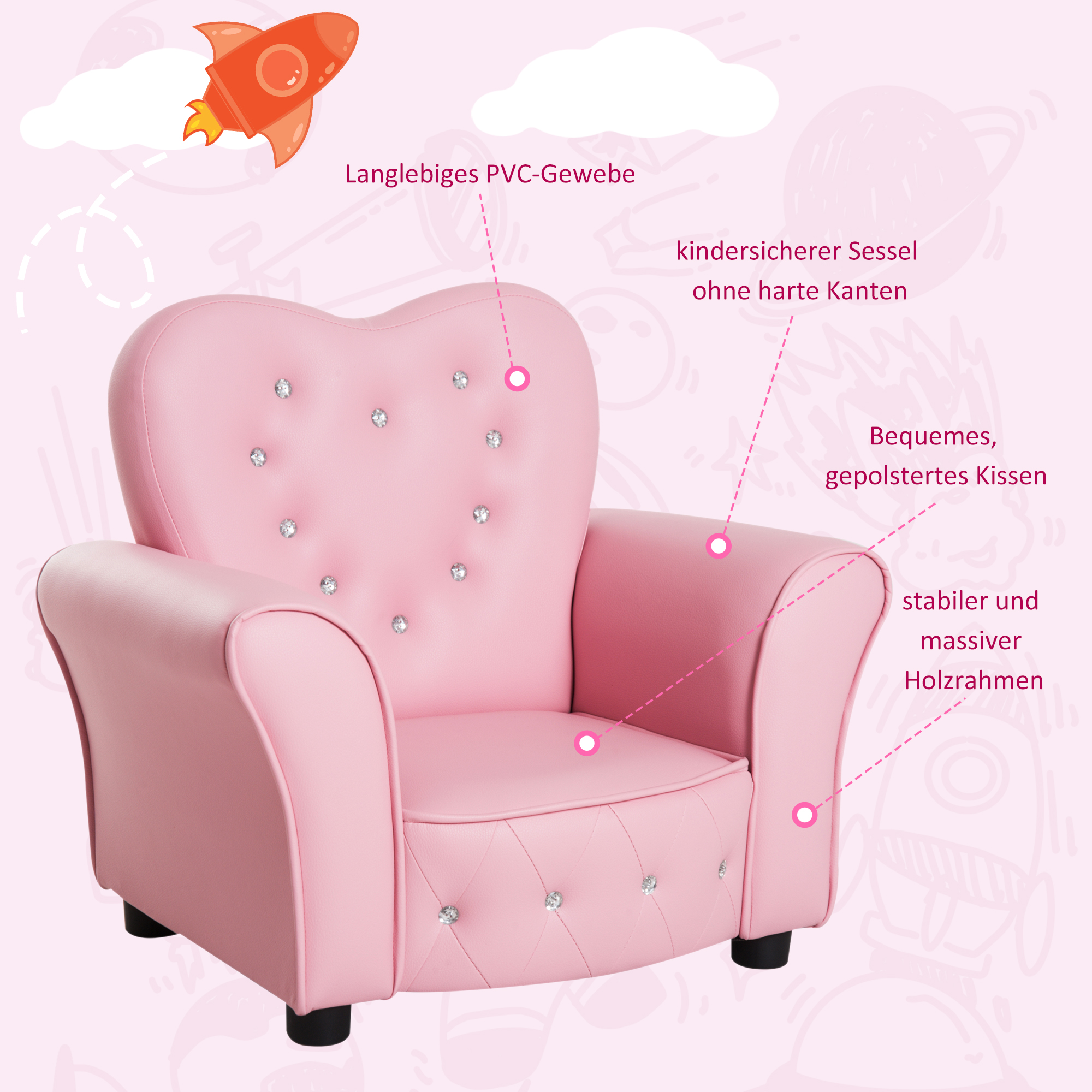 Kindersofa Kindersessel Prinzessin Minisofa Kinderzimmer Sofa herzförmig Rosa L59 x B41,5 x H49 cm