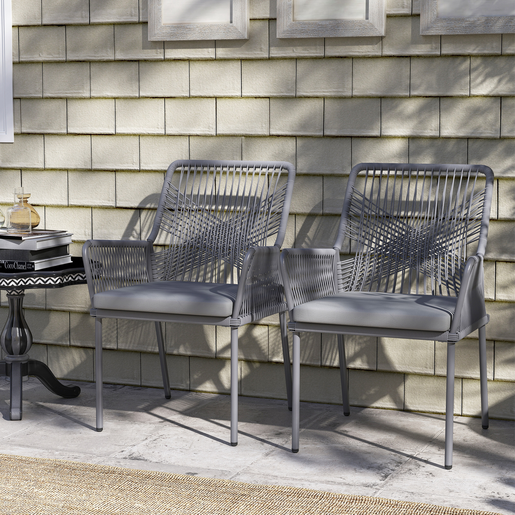 2er-Set Gartenstühle, Terrassenstühle, waschbare Kissen, Rückenlehne, Armlehnen, Stahl, Rattan, Dunkelgrau