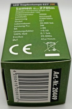 LED Tropfenlampe E27 "T25 SMD" warmweiß, 3000k, 270lm, 230V/3W, 45mm