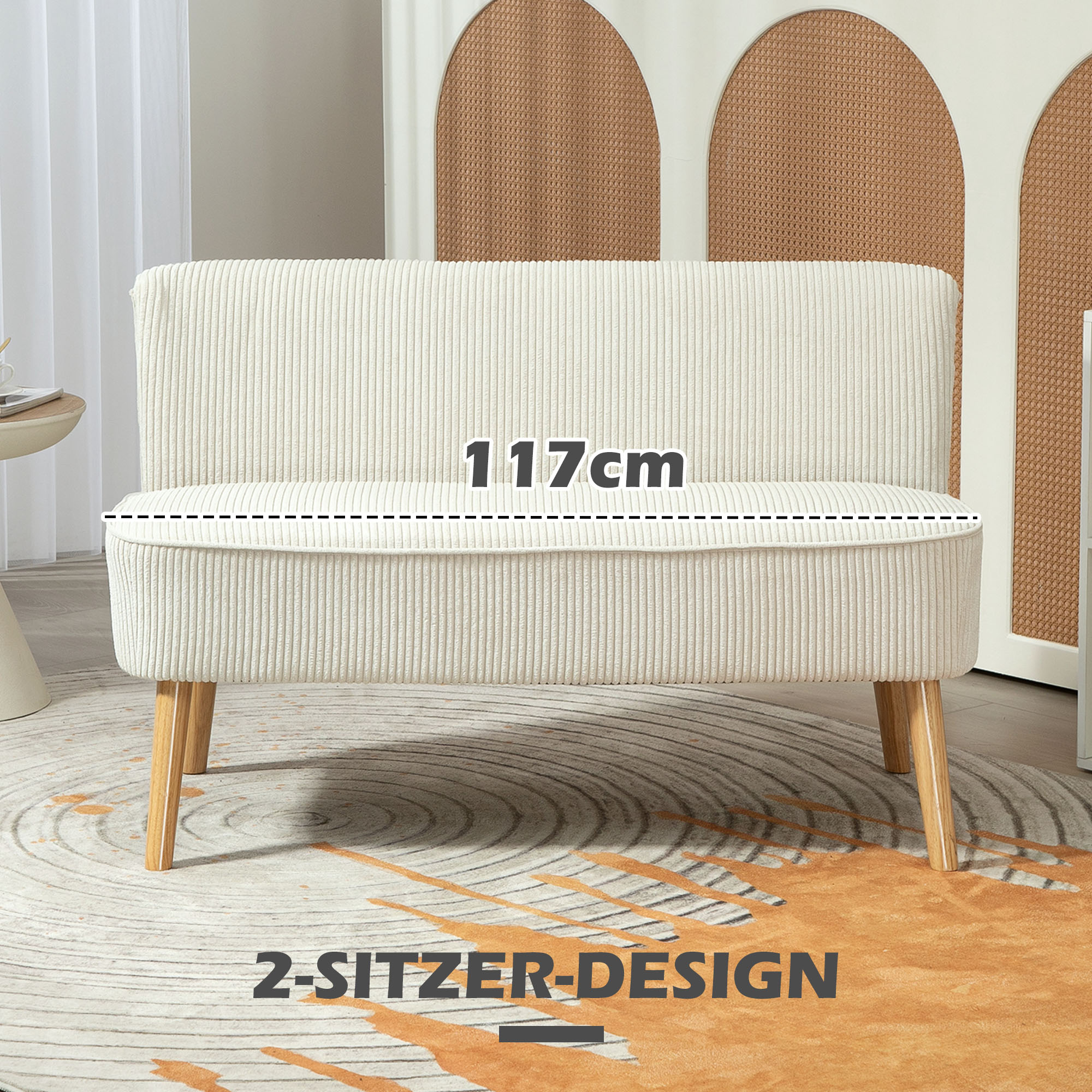 2-Sitzer Sofa, weiche Polsterung, pflegeleichter Bezug, bis 150 kg belastbar, 117 x 56,5 x 77 cm, Cremeweiß