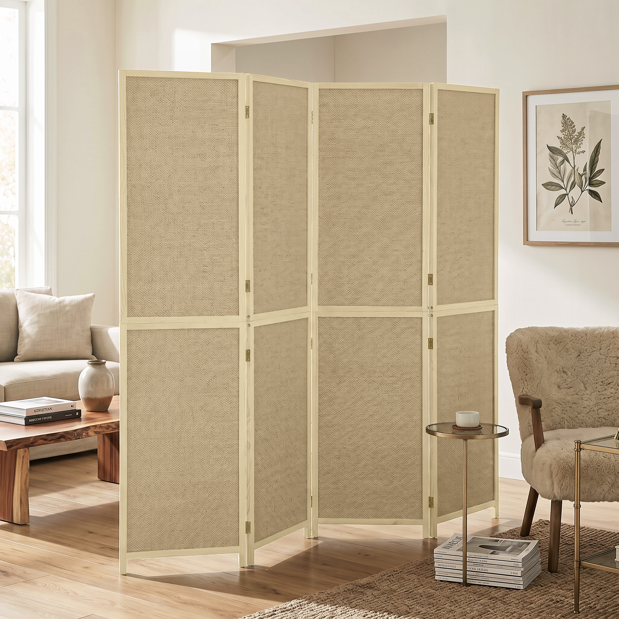 Paravent mit 4 Paneelen, faltbare Trennwand aus handgeflochtenem Bambus, 180 x 180 cm, Natur
