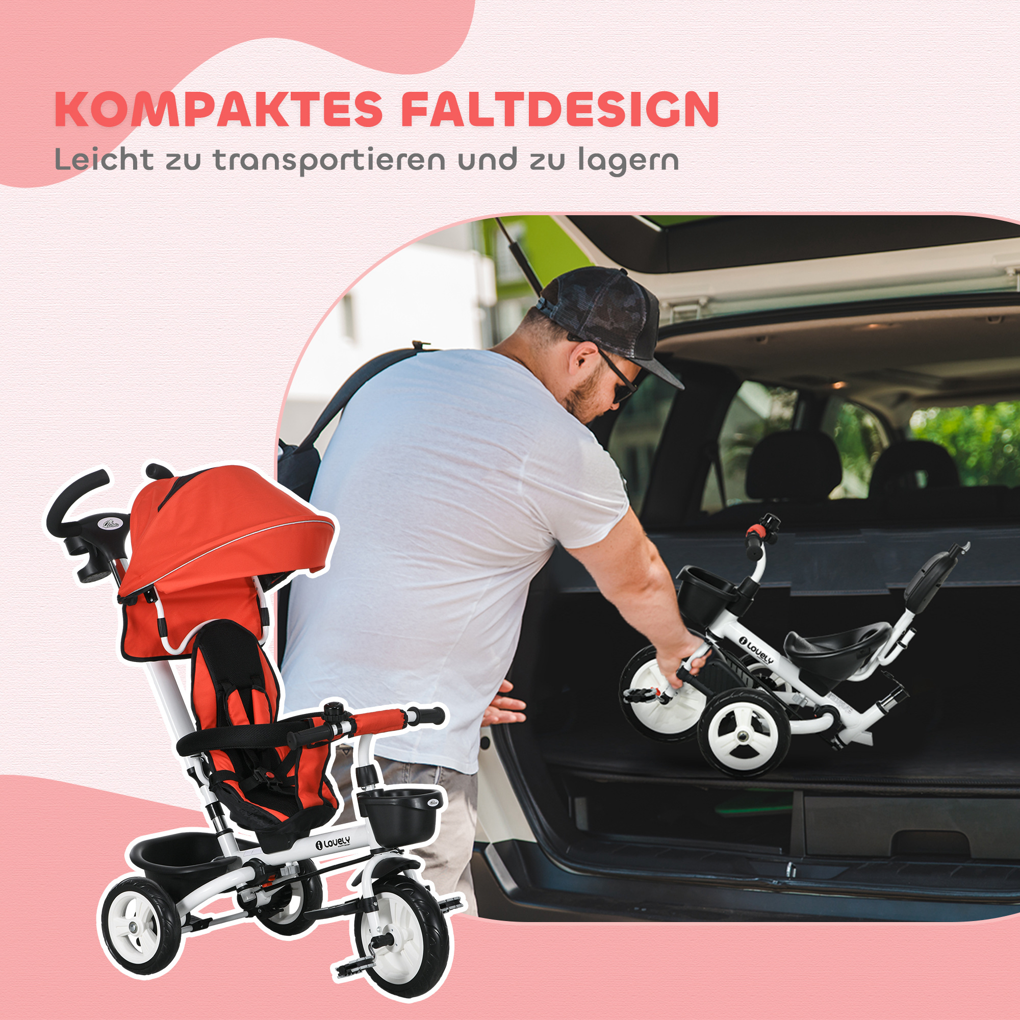 6-in-1 Kinderdreirad mit Schiebestange, Dach, Gurt, Ablagekorb, 18+ Monate, Rot