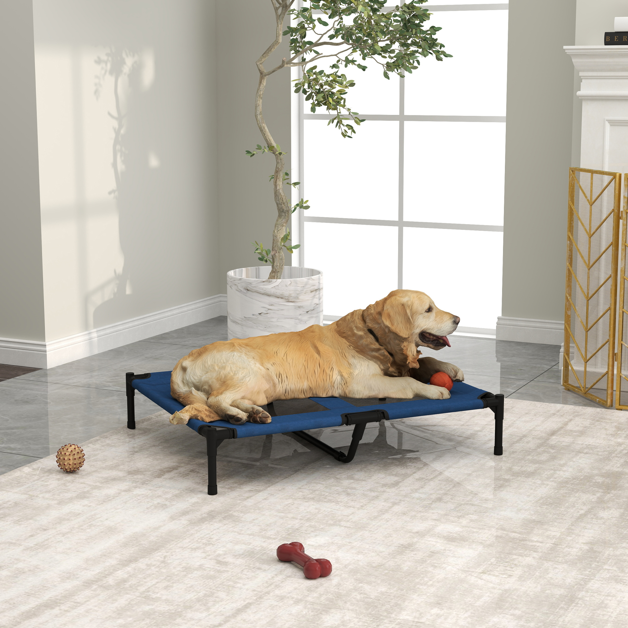 Hundebett Hundeliege Outdoor Katzenbett Haustierbett Schlafplatz Metall 600D Oxford-Gewebe Blau 91,5 x 76,2 x 18 cm