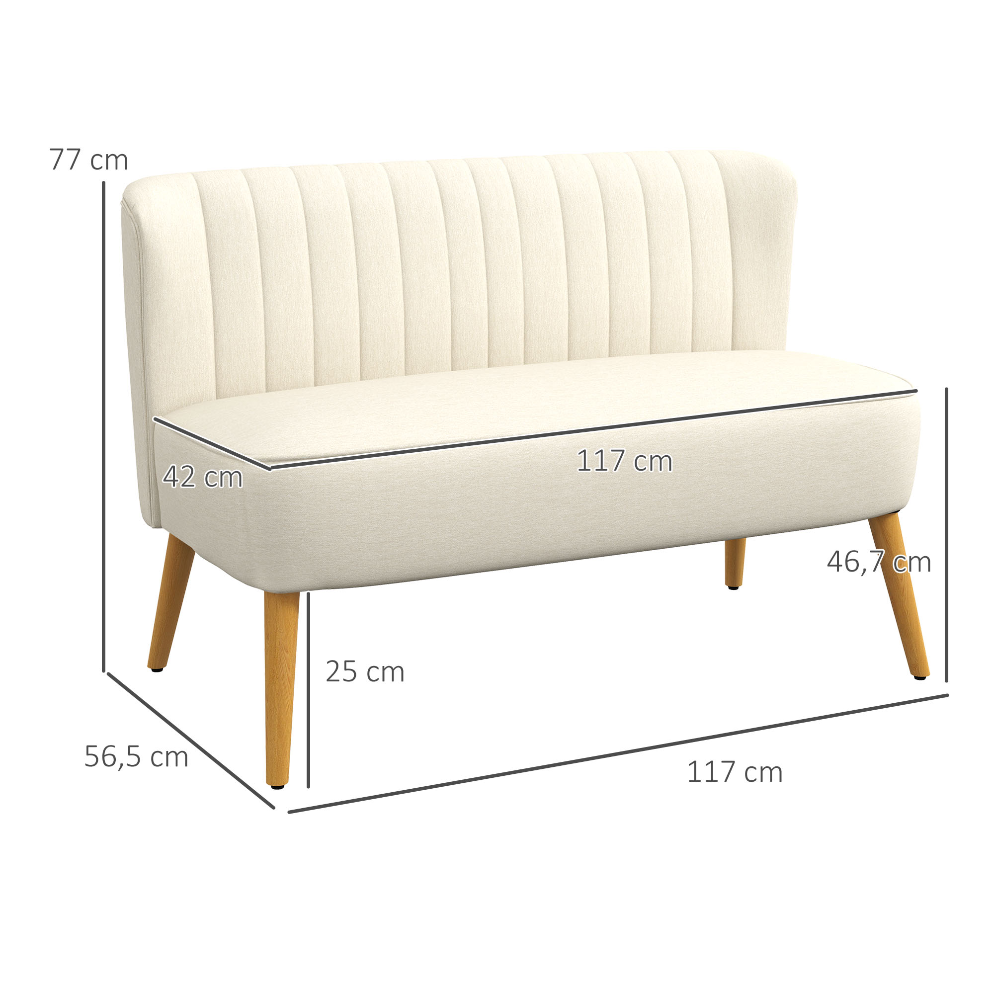 2-Sitzer Sofa, weiche Polsterung, pflegeleichter Bezug, bis 220 kg, 117 x 56,5 x 77 cm, Cremeweiß