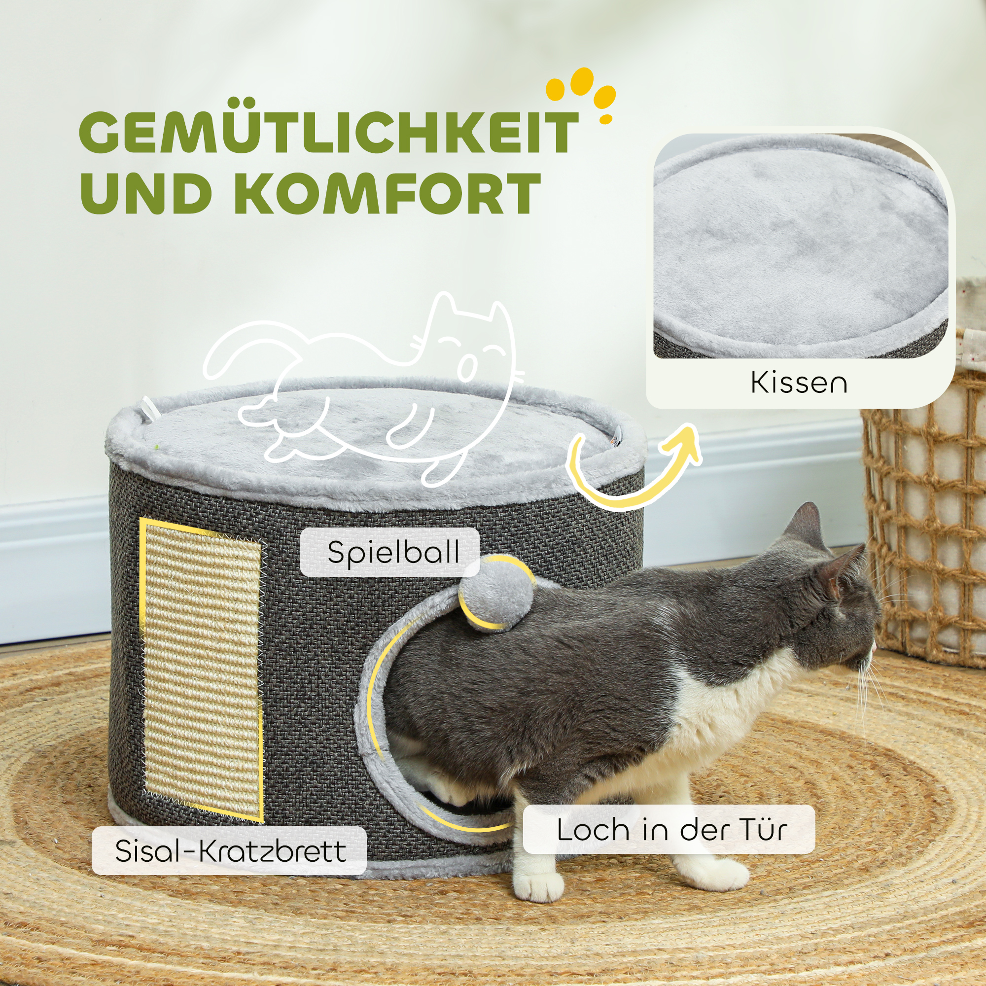 Katzenhöhle, 2 Etagen, Katzenhaus, Plüsch, Kissen, Sisal-Kratzbrett, Φ40 x 30H cm, Dunkelgrau