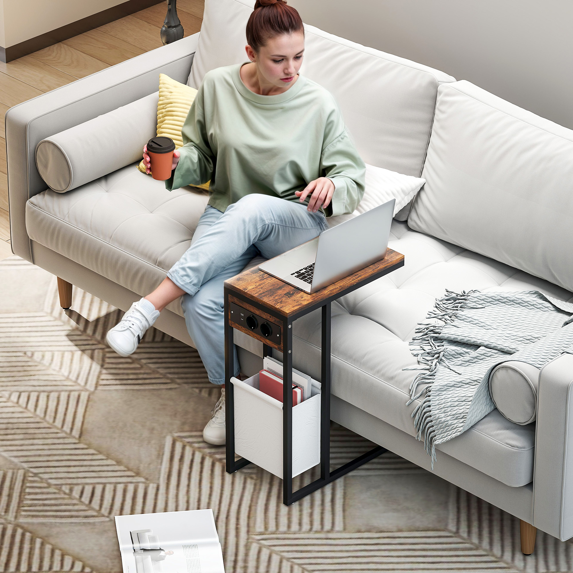Beistelltisch mit Steckdosen, USB-Anschlüssen, Kabel, C-förmiges Design