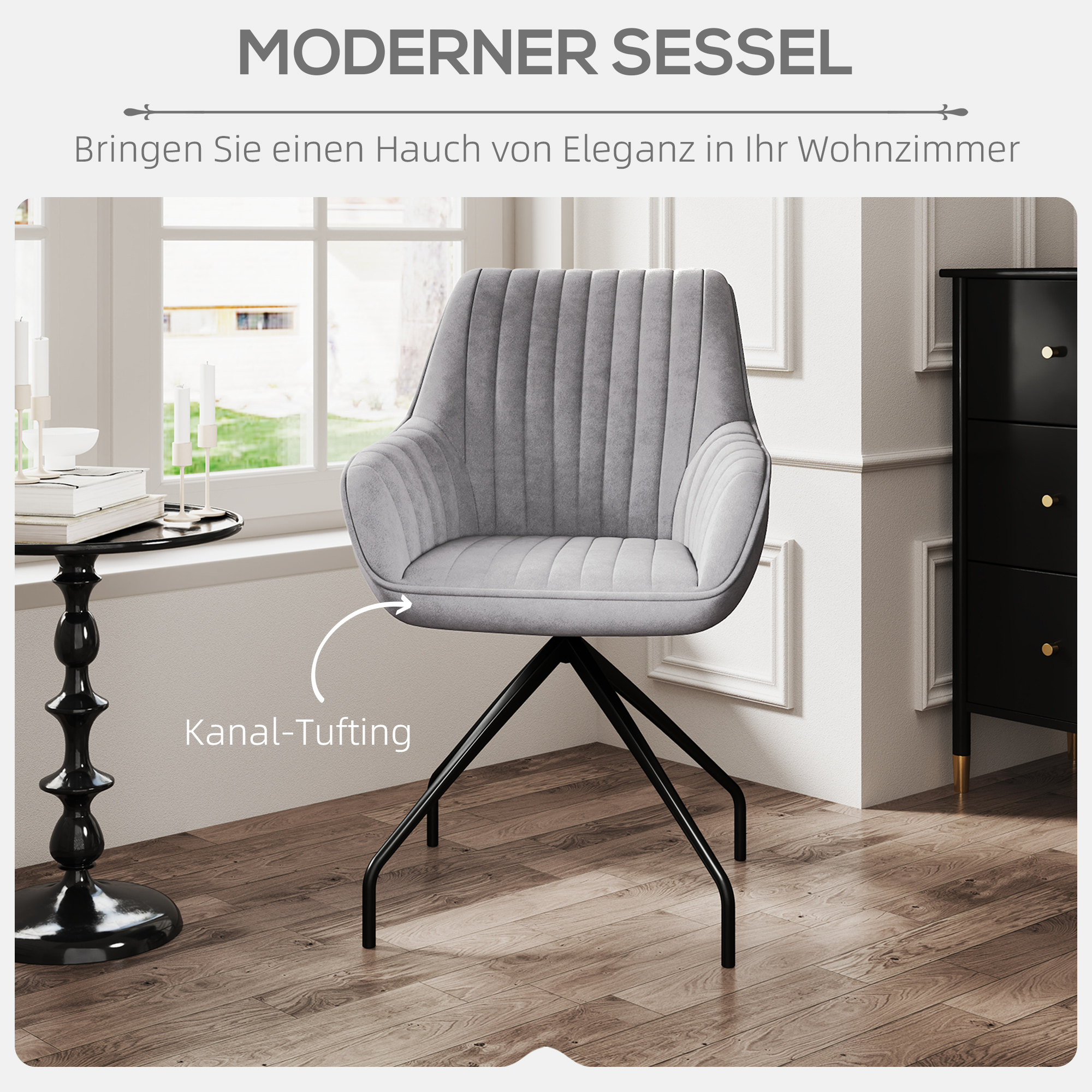 Drehbarer Armstuhl, Moderner Akzentsessel mit Metallbeinen für Wohnzimmer, Schlafzimmer, Büro, Grau