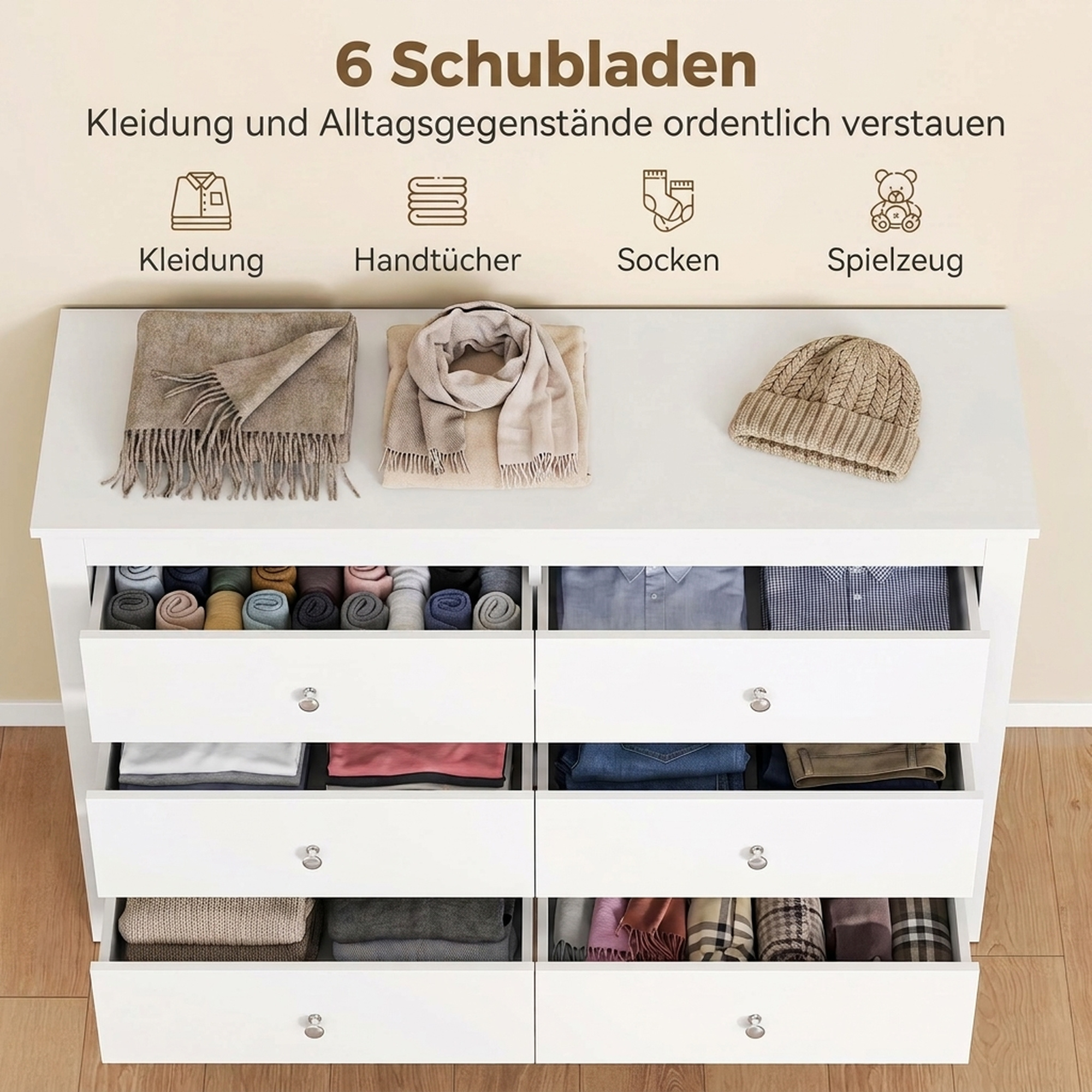 Kommode mit 6 Schubladen, Sideboard mit leichtgängigen Laufschienen für Schlafzimmer, Wohnzimmer oder Flur, 118 x 39,5 x 75,5 cm, Weiß