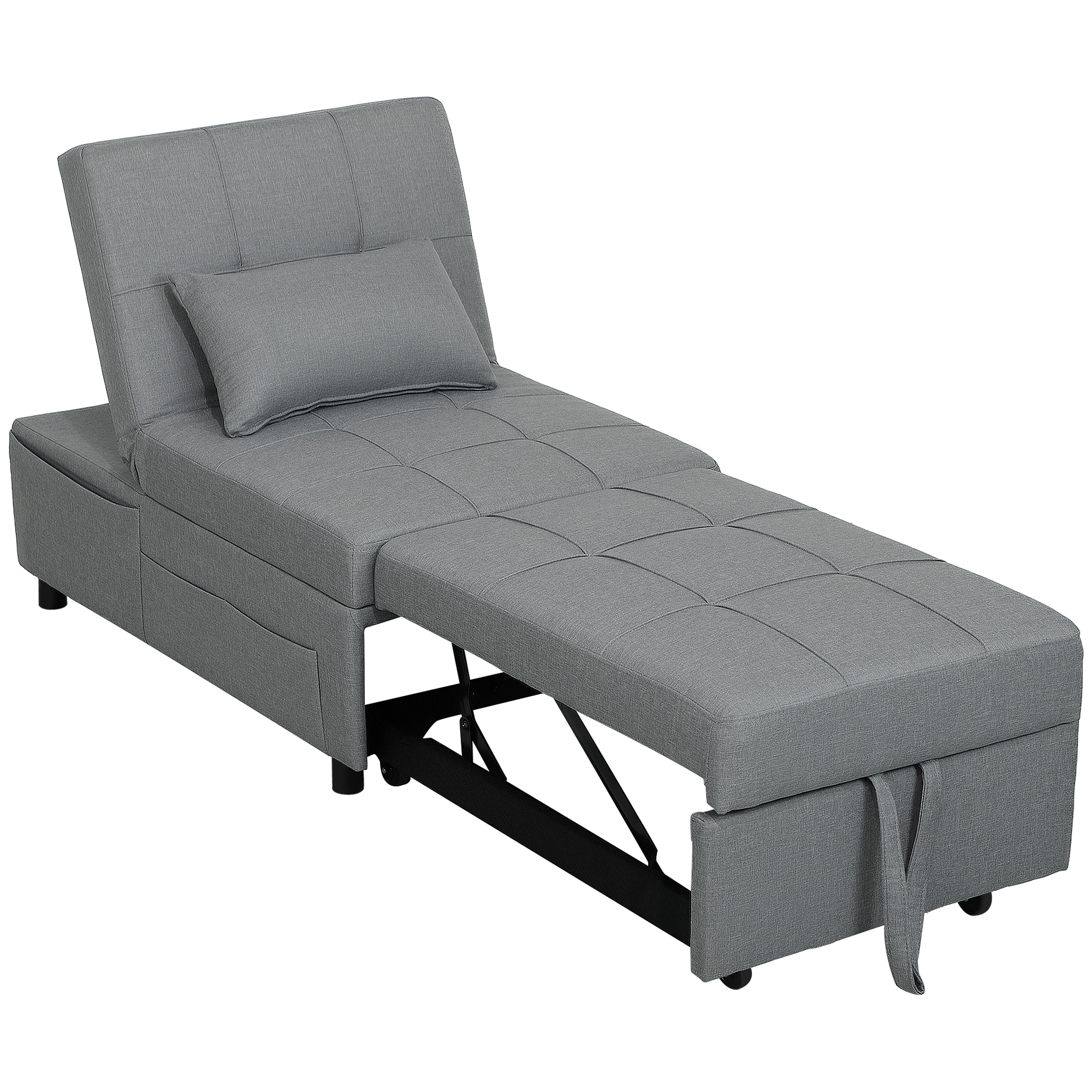 3-in-1 Klappsessel mit Seitentasche, Gästebett mit Kissen, Verstellbarer Rückenlehne, Bettsessel mit Rollen, Hellgrau