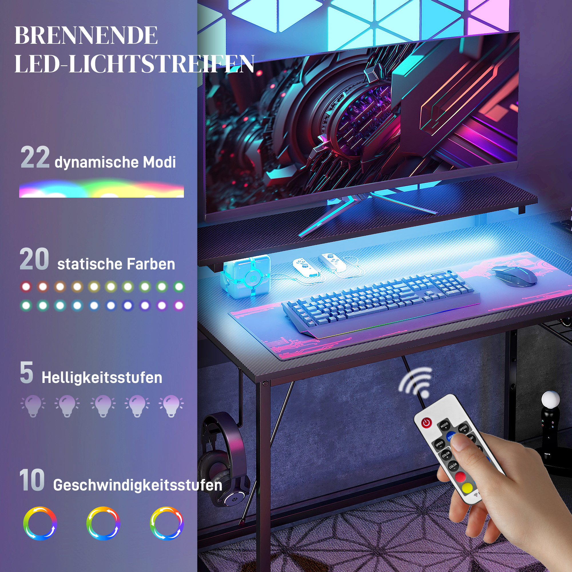 Schreibtisch L Form mit LED, Steckdosen, USB, Umkehrbar Computertisch mit Regal, 107 x 80 x 90 cm, Schwarz