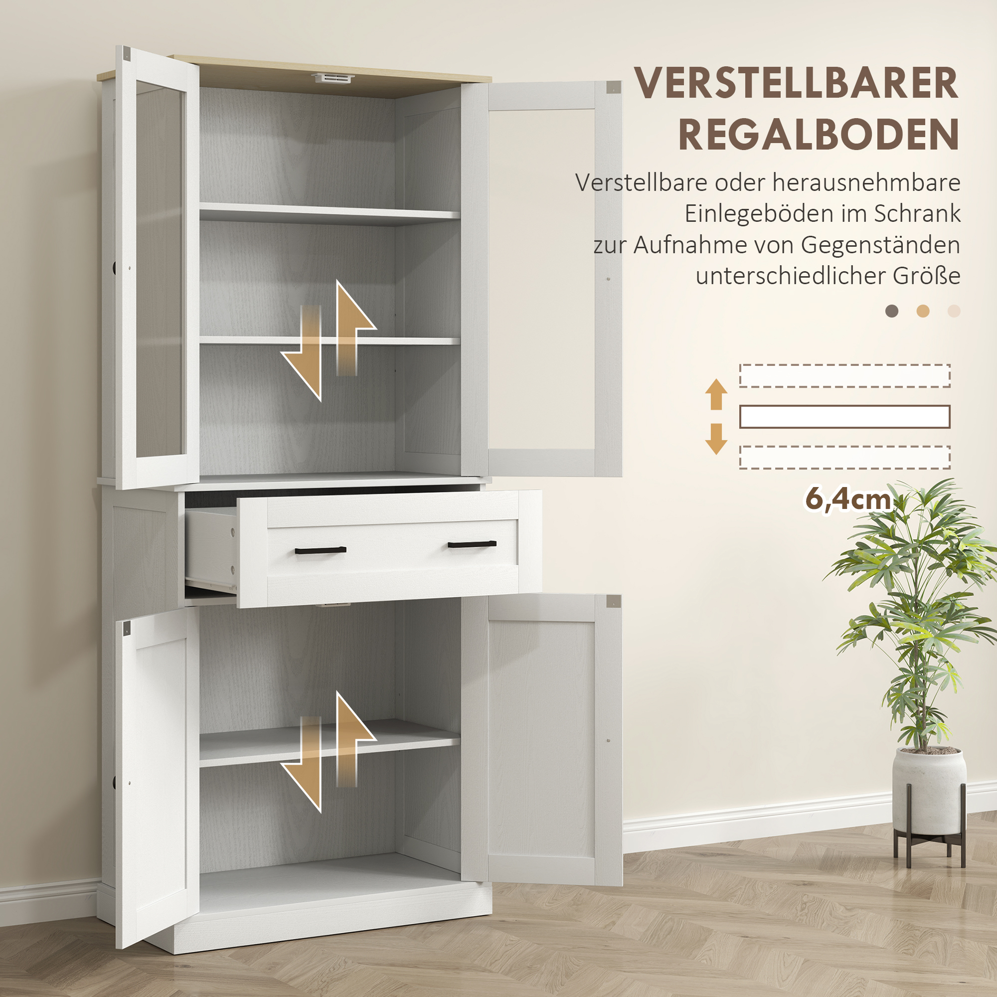 Küchenschrank, Buffet, Acrylfront, Schubladen, 76 x 40 x 182,5 cm, Cremeweiß