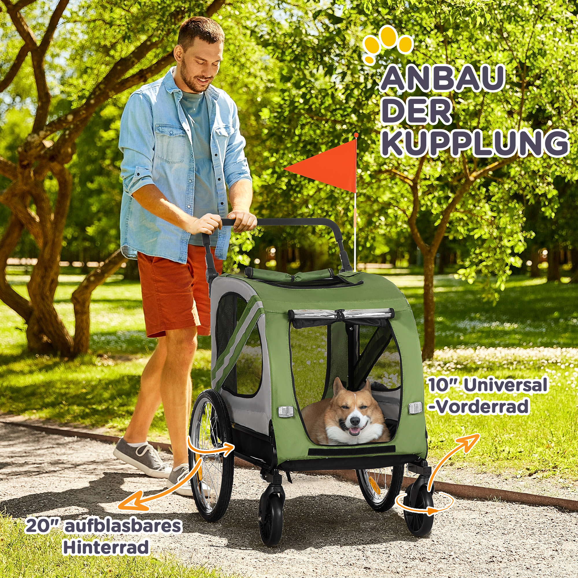 2-in-1 Hundebuggy, Hundefahrradanhänger, klappbar, wetterfest, für Hunde bis 20 kg, Grün