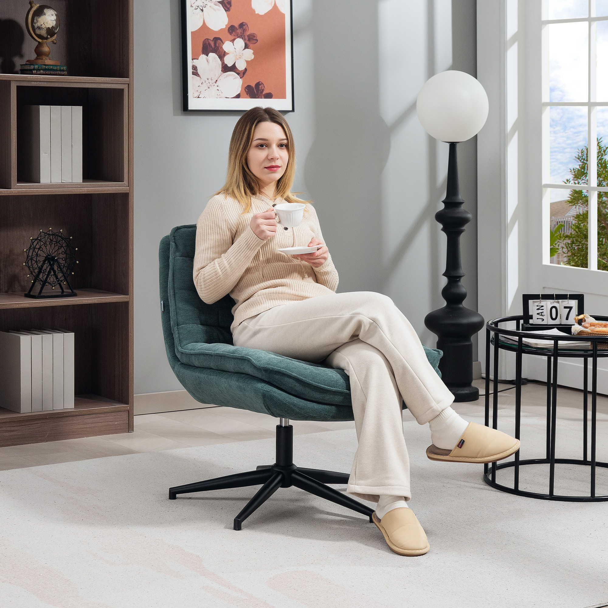 Drehbarer Bürostuhl mit breitem Sitz, Geräumiger Polsterstuhl fürs Büro, Arbeitszimmer, Dunkelgrün