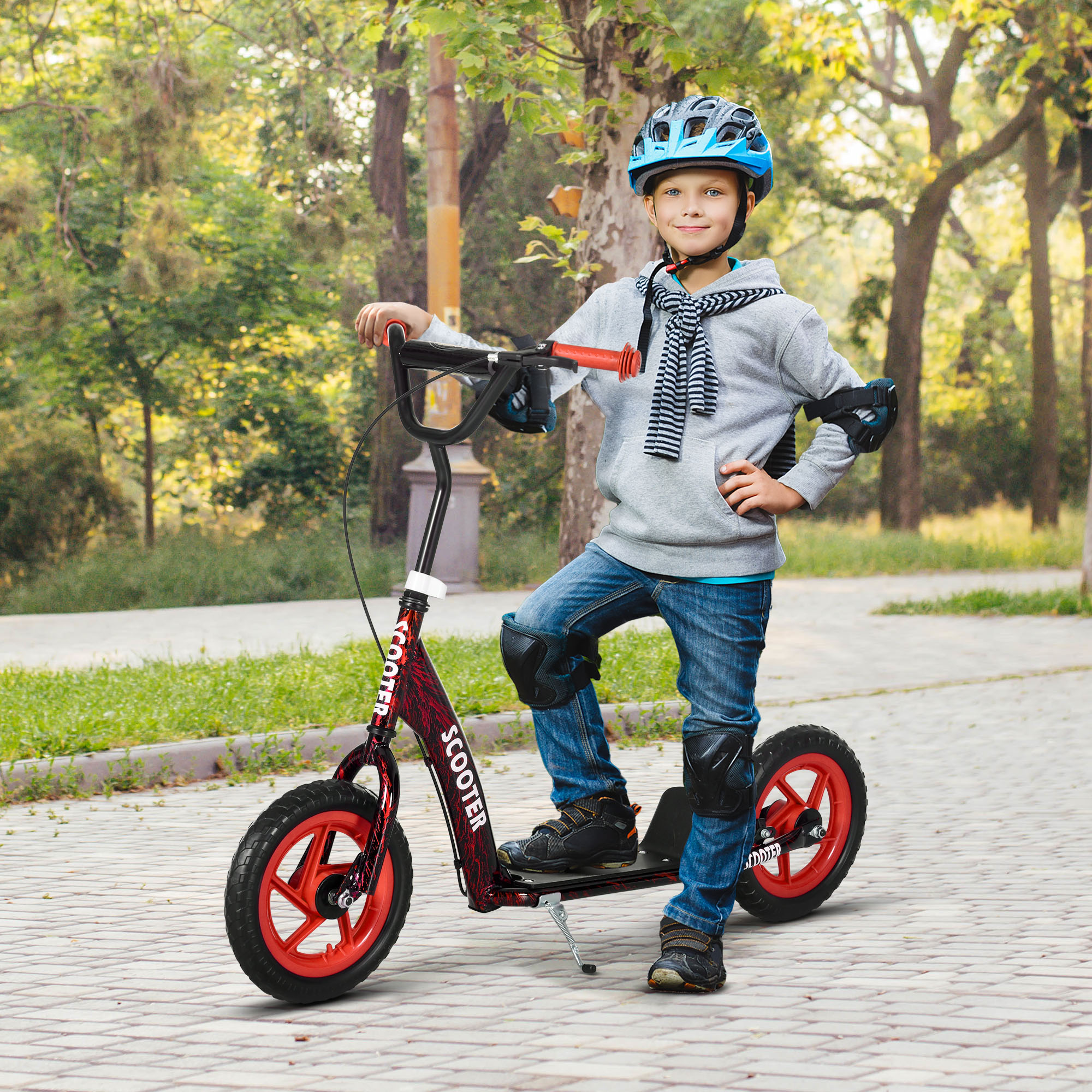 Kinderroller, höhenverstellbarer Tretroller für Kinder, mit Bremse, Ständer, 2 Räder, 50 kg Belastbarkeit, Stahl, Kunststoff, Rot