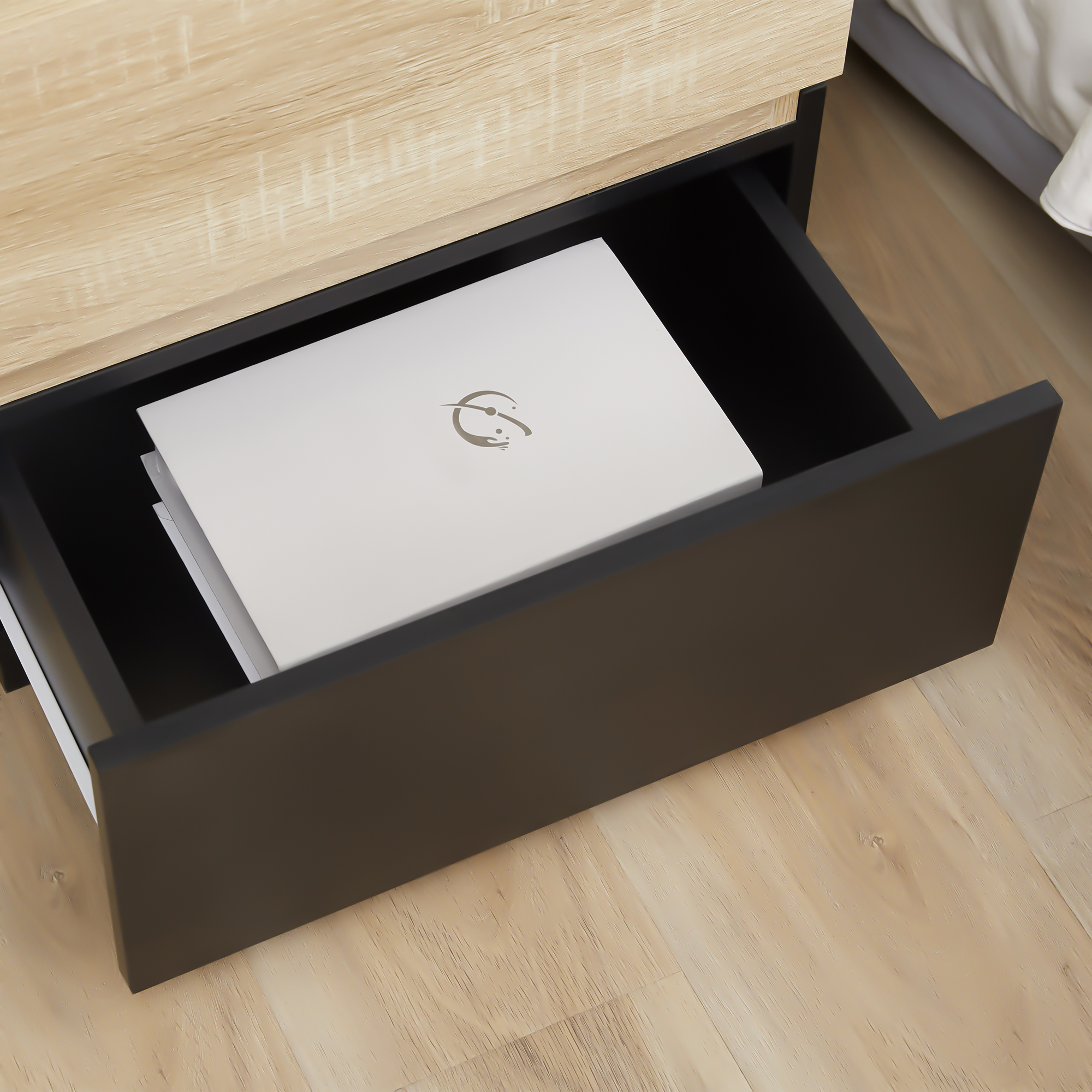 Nachttisch mit Schublade Nachtschrank stapelbar Schubladenschrank Schlafzimmer Nachtkommode Spanplatte Schwarz+Natur 50 x 40 x 47,5 cm