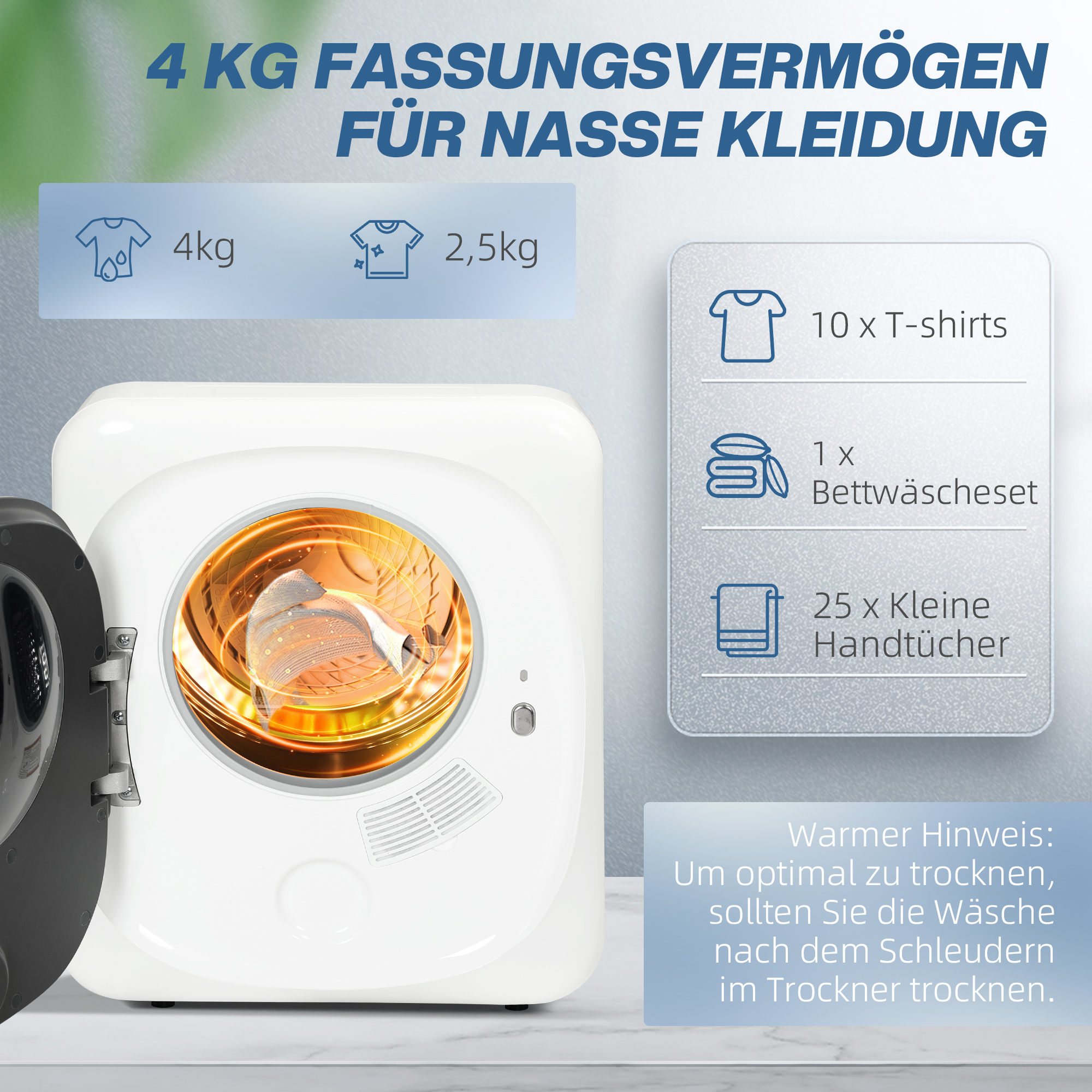 Wäschetrockner mit UV-Desinfektion, kompakte Bauweise, 4 kg Kapazität, Edelstahl, Weiß