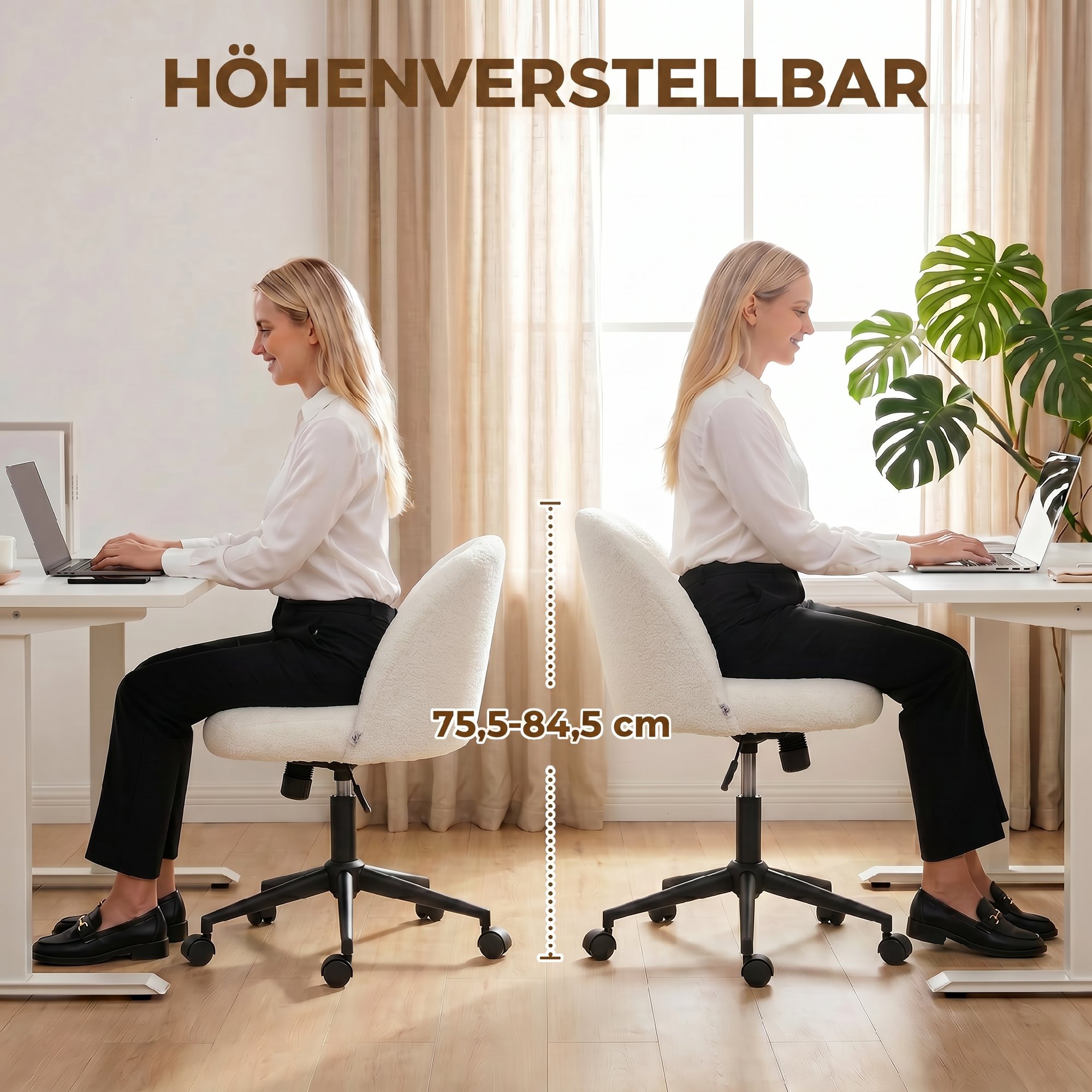 Drehbarer Bürostuhl aus Teddyfleece, höhenverstellbar, mit Rollen, Komfortschaum, Creme