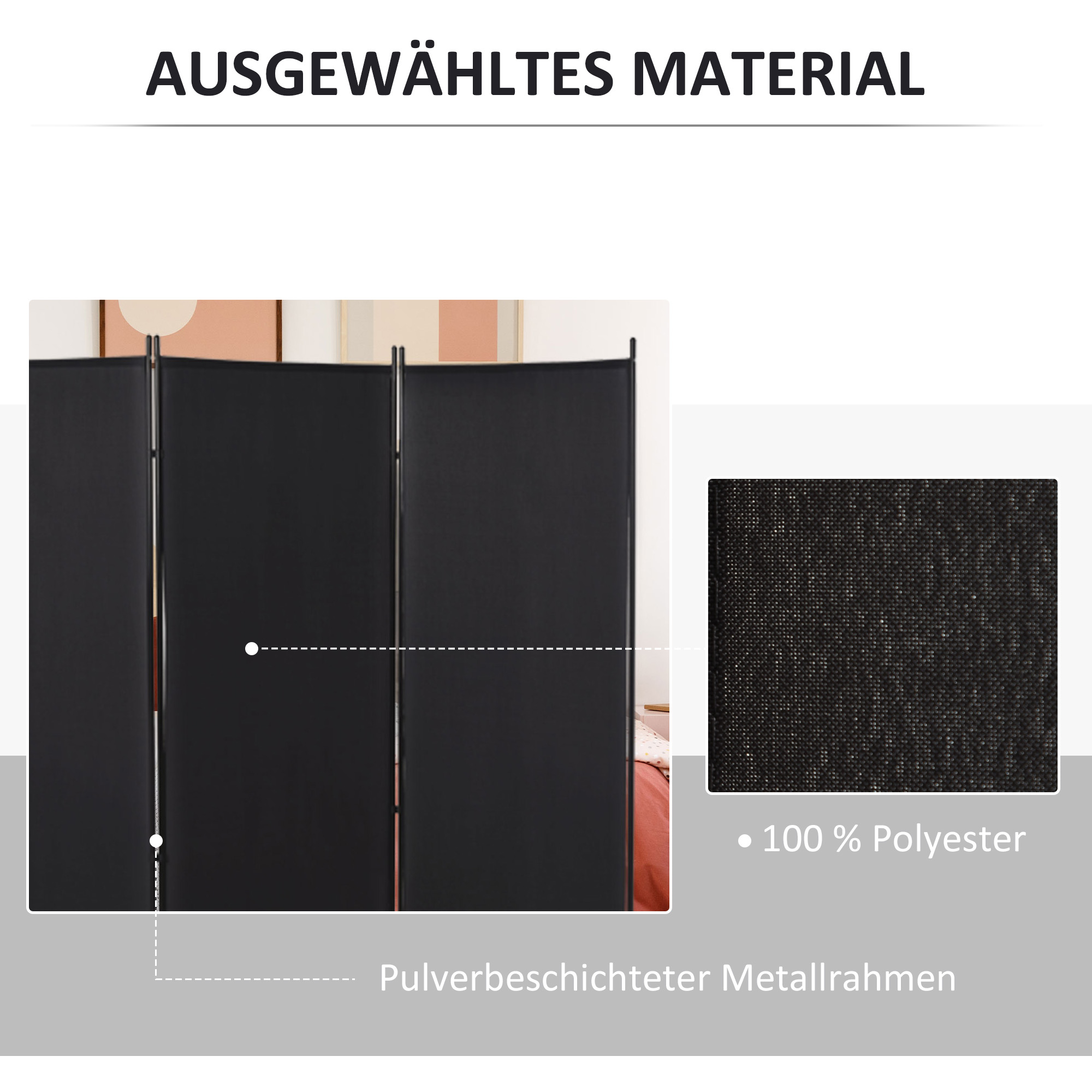 Raumteiler, 3-teiliger Sichtschutz, Raumtrenner mit Metallrahmen, Schwarz