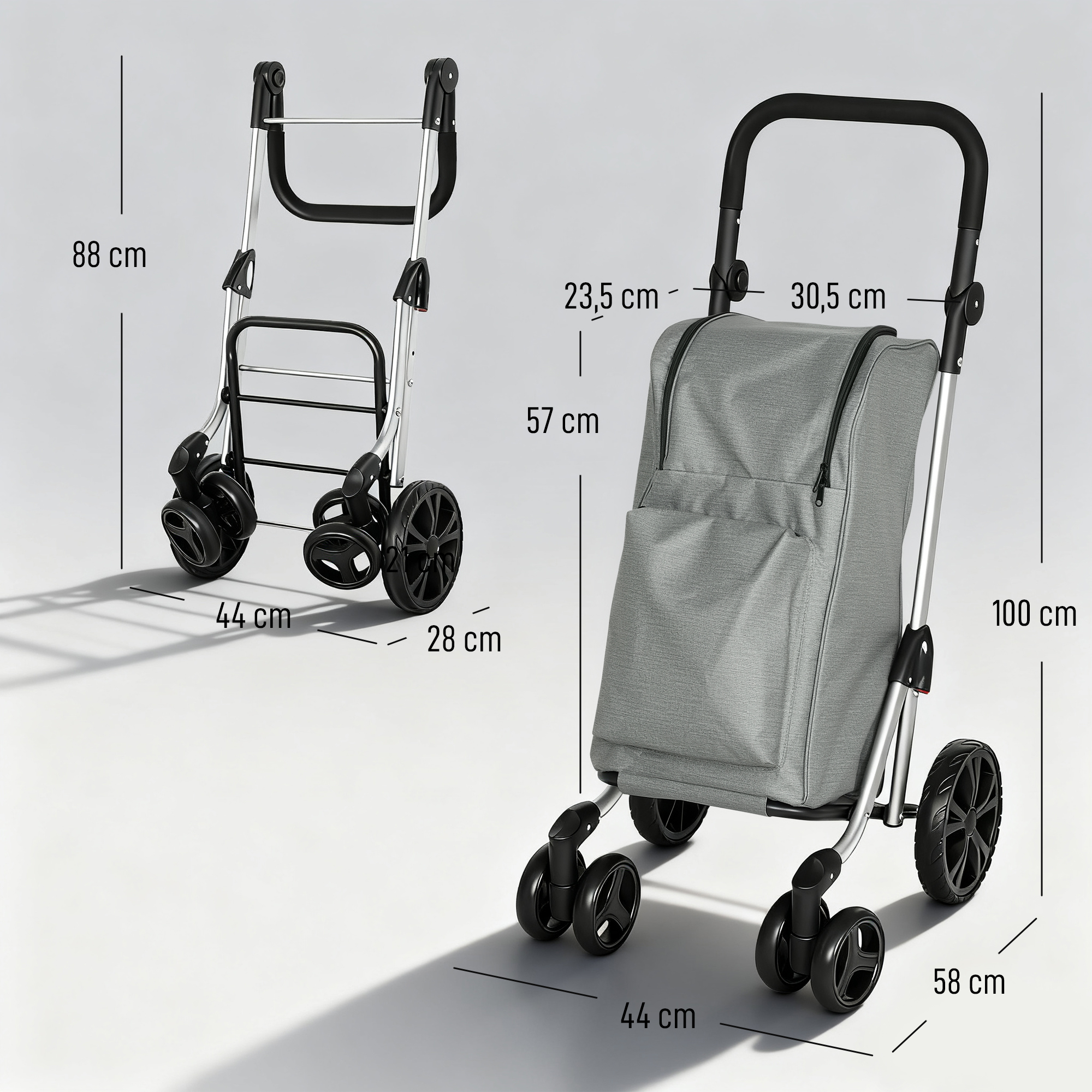 Einkaufstrolley, 46 Liter Tasche, Faltbarer Einkaufswagen mit Kühltasche, verstellbarer Griff, Aluminiumrahmen, Grau
