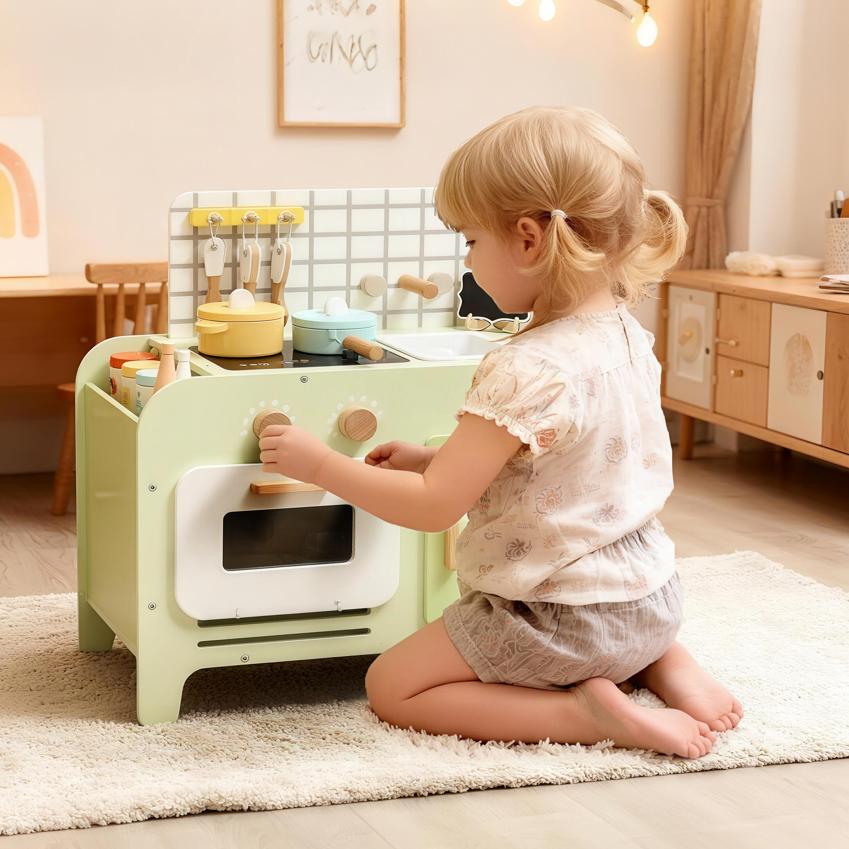 Kinderküchen-Spielset, MDF, 15 Zubehörteile, Schränke, 40 cm, ab 3 Jahren, Grün