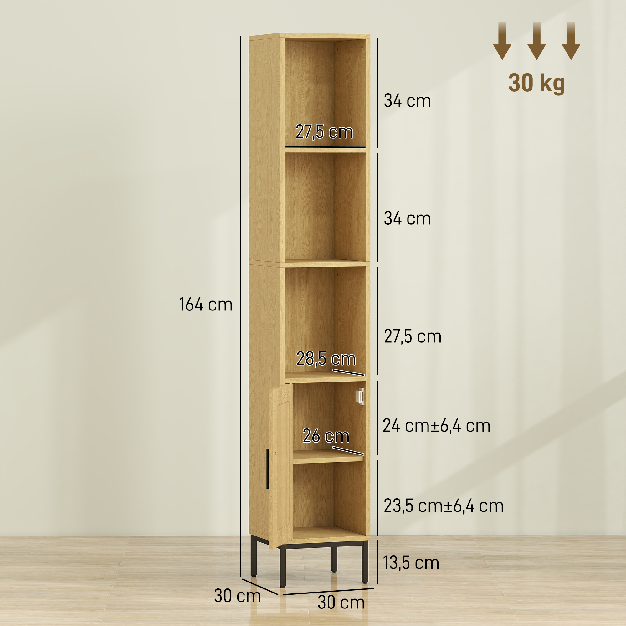 Hoher Badezimmerschrank, schmaler Badschrank mit offenen Ablagen und verstellbarem Einlegeboden, Naturholzoptik