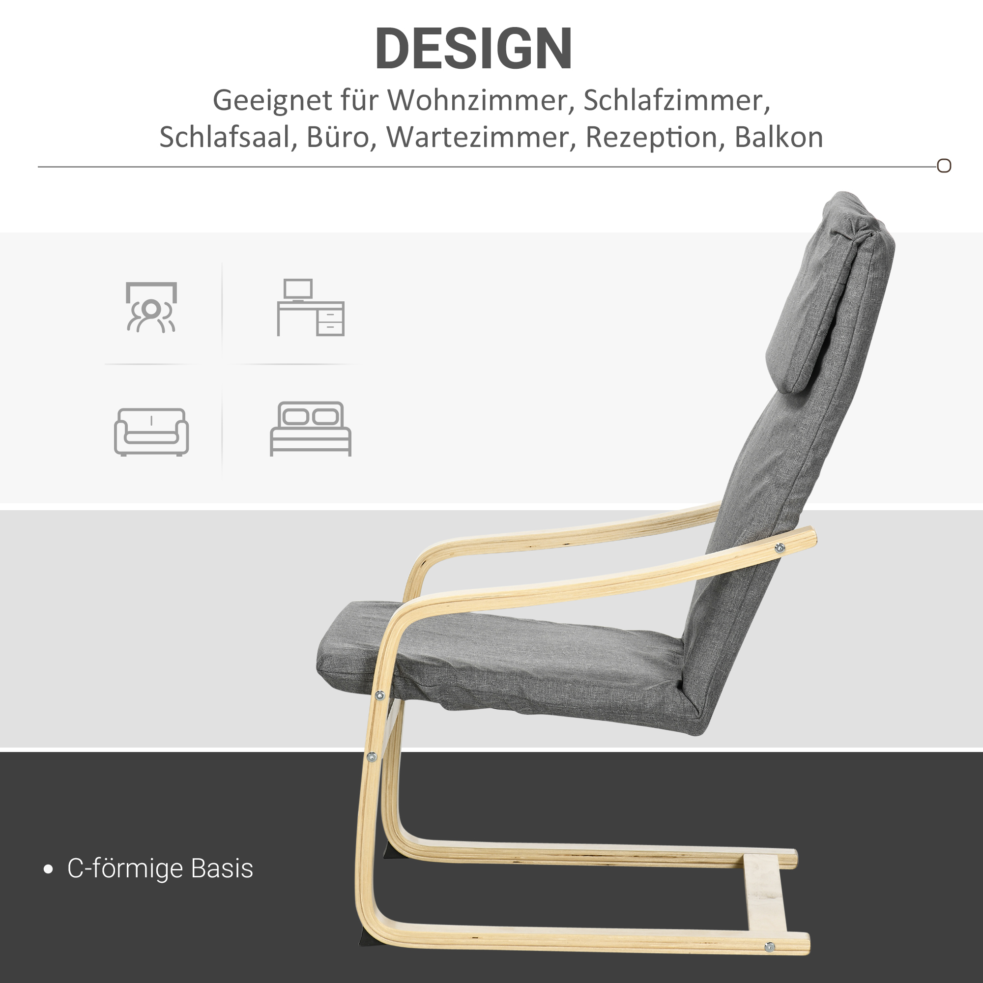 Sessel mit Kopfstütze und Armlehnen, Bezug in Leinenoptik, Holzgestell, Grau + Natur