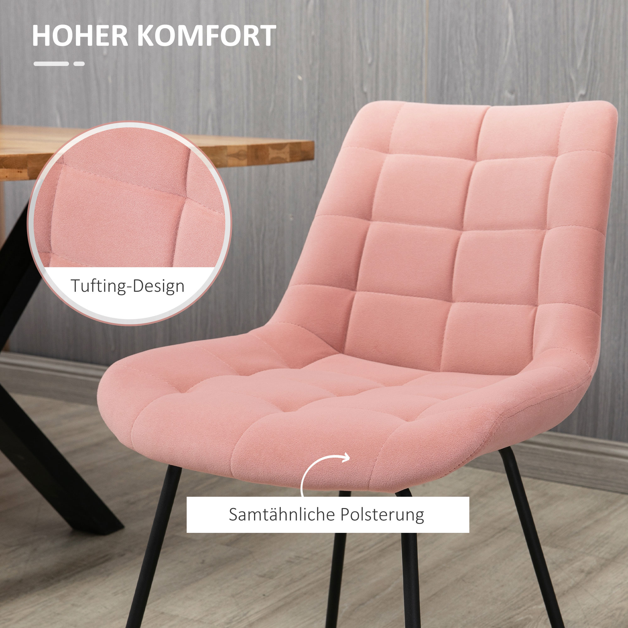 2er-Set Esszimmerstühle  Akzentstühle Küchenstühle, Retro-Design, Samtoptik, 50 cm x 61 cm x 79 cm, Rosa