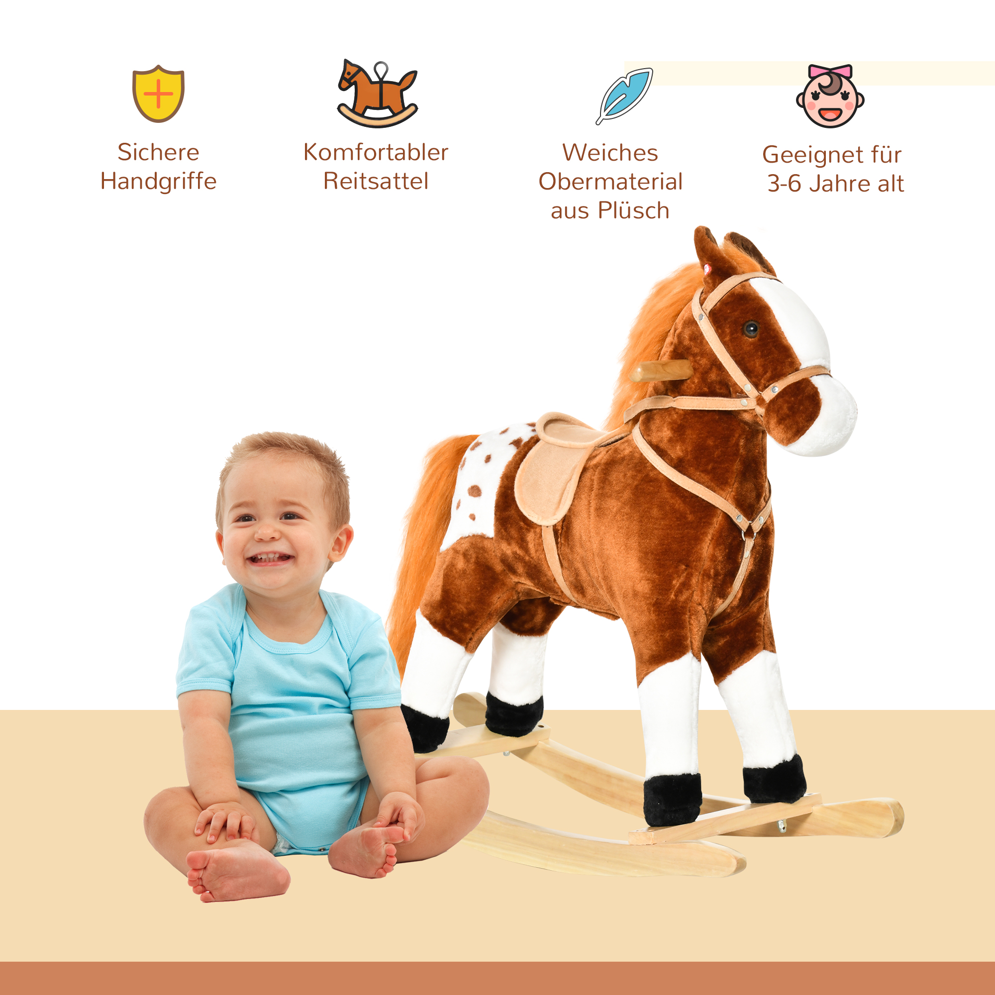 Kinder Schaukelpferd Baby Schaukeltier Pferd mit Tiergeräusche Spielzeug Haltegriffe für 3-6 Jahre Plüsch 74 x 28 x 65 cm Braun