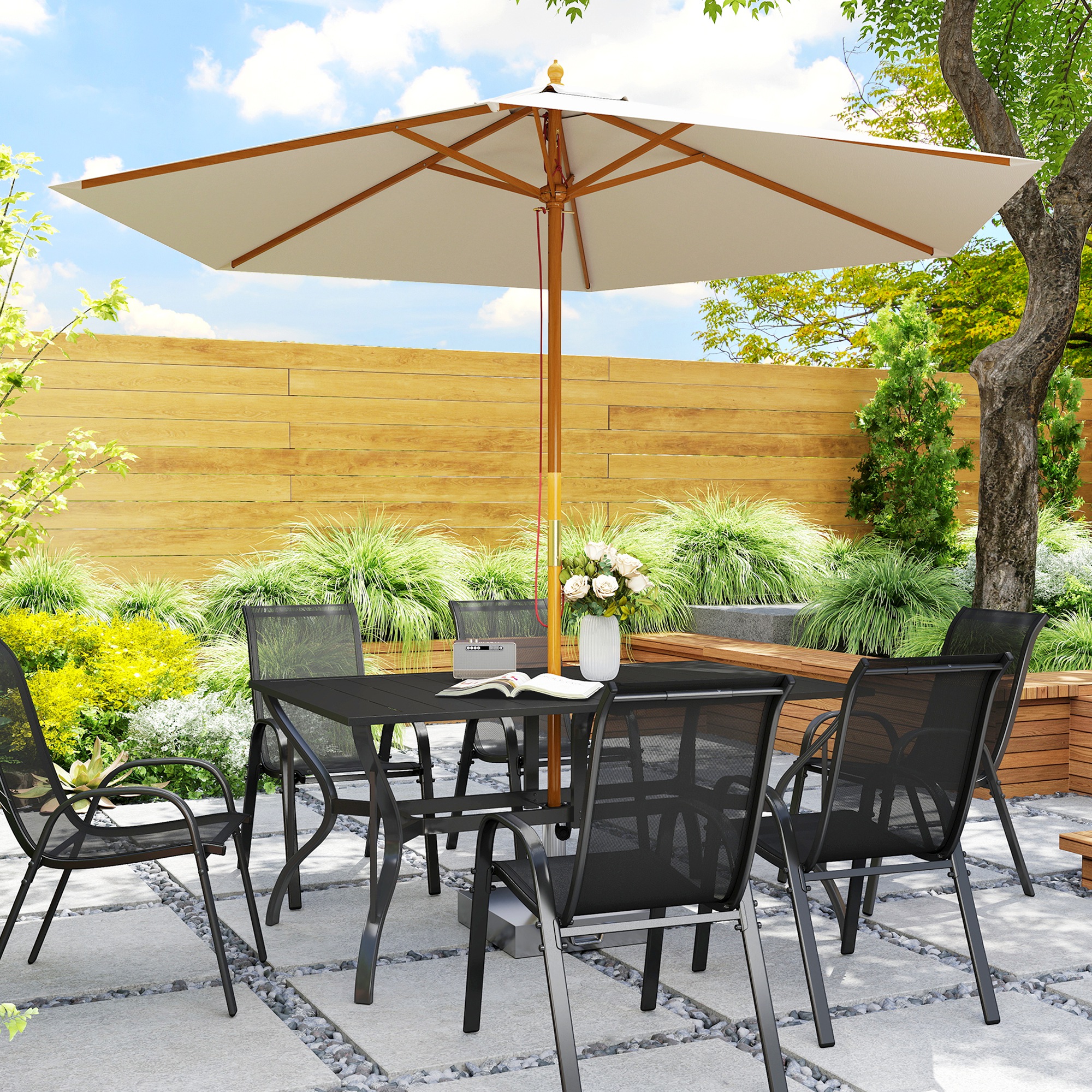 Gartentisch Stahl 150x90 cm Wetterfest Balkontisch mit Schirmloch, Lamellen-Design für 6 Personen Schwarz