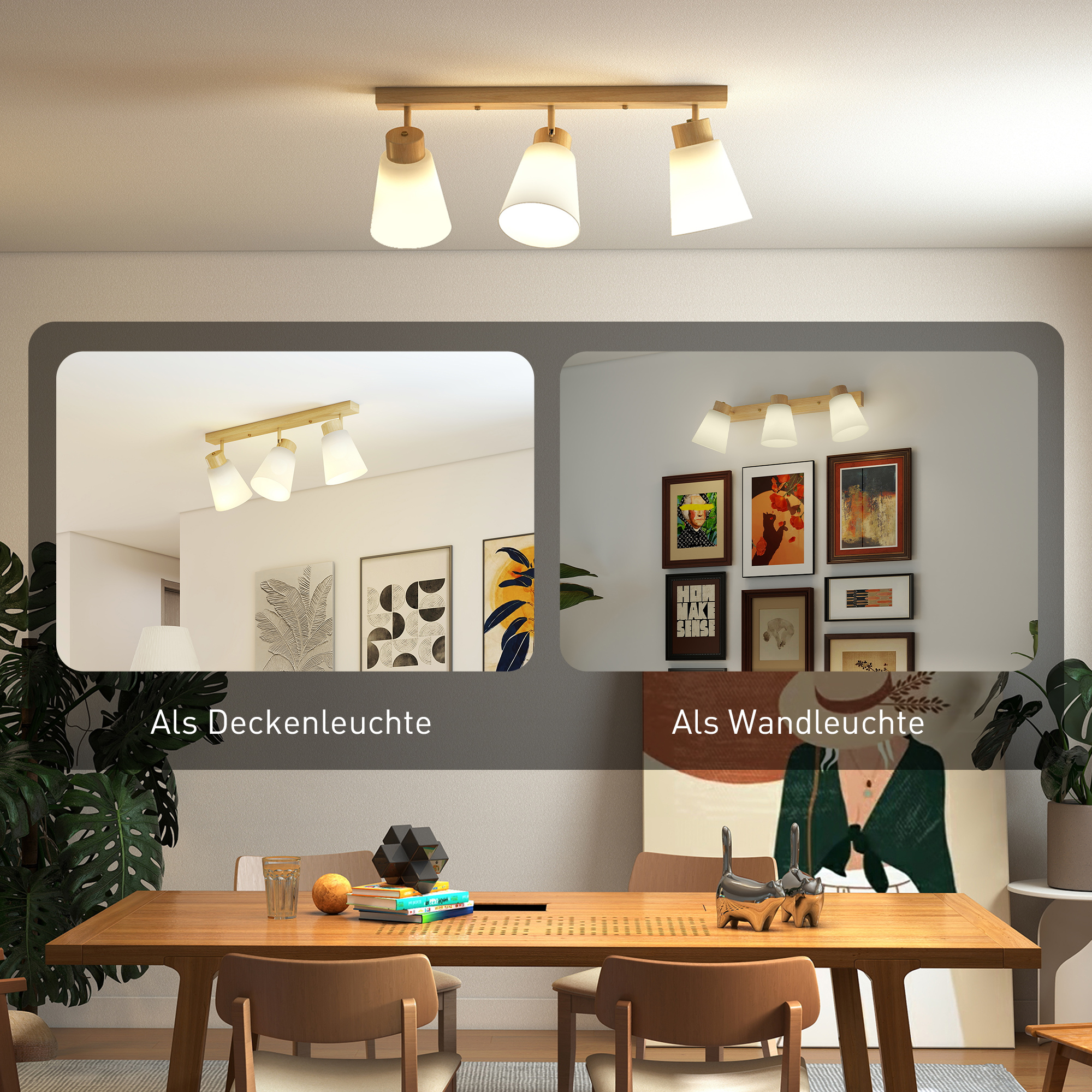 Deckenleuchte LED 40W Deckenlampe mit Doppelmontage und 90° verstellbaren Köpfen mit 3 E27-Fassungen Naturholz