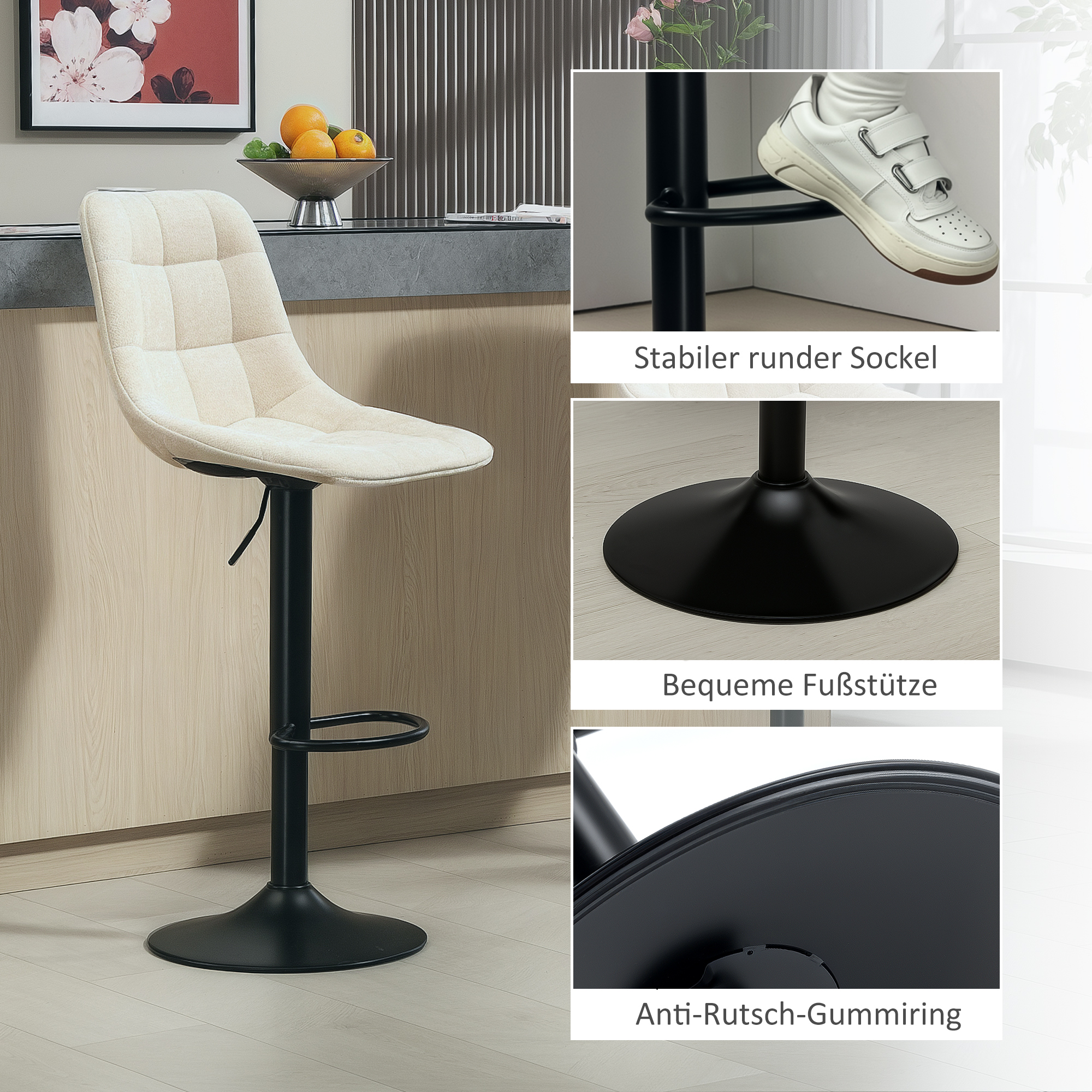 Moderner Barhocker, 2er-Set drehbare Barstühle mit Rückenlehne, höhenverstellbar, mit Fußstütze, gepolstert, Beige