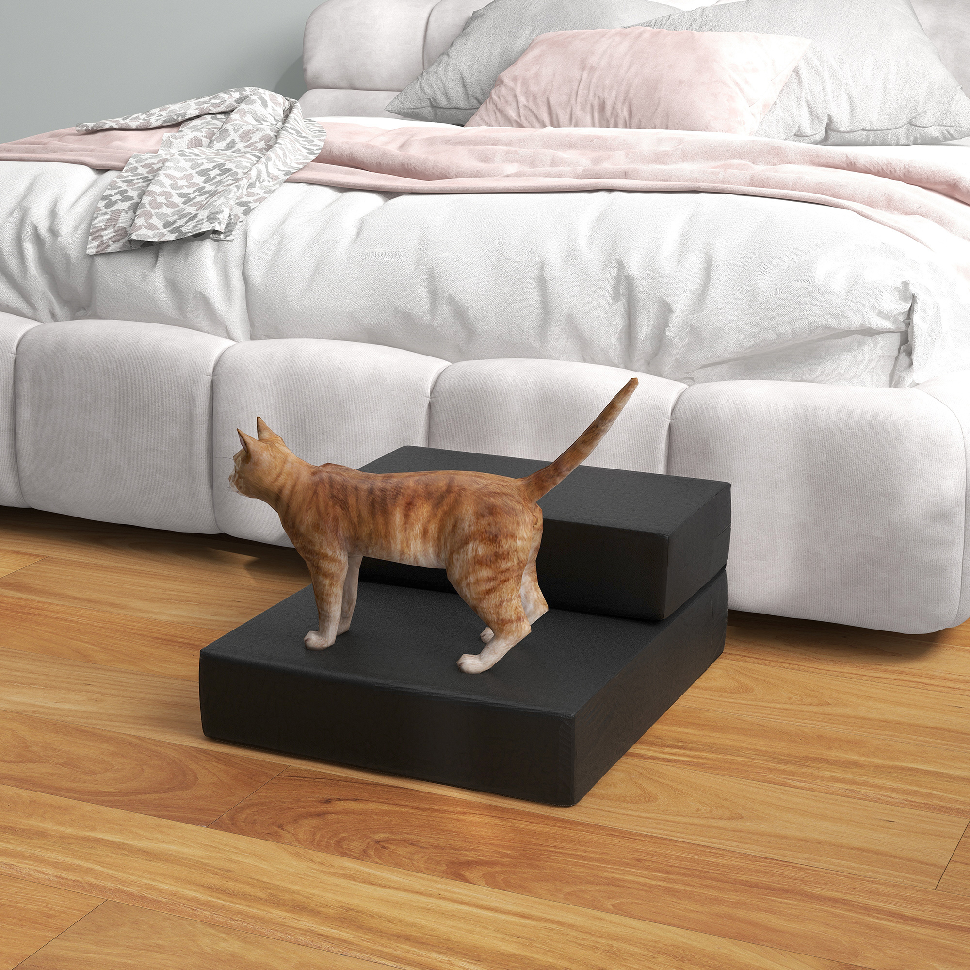 Haustiertreppe Tierunterlage 2 Stufen Klappbar Hundetreppe Treppe Unterlage für Katzen und Hunde Schwarz L45 x B39 x H20 cm